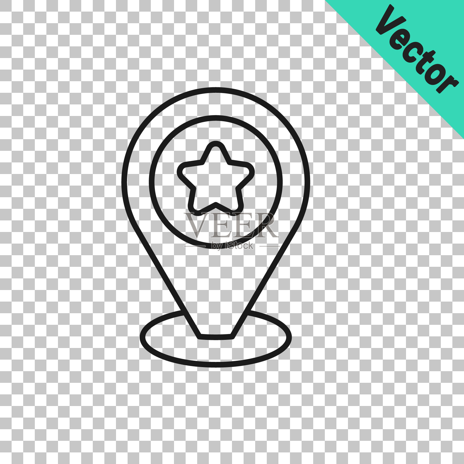 在透明背景上带有星形图标的黑线地图指针。星星最喜欢的别针地图图标。地图标记。向量插画图片素材