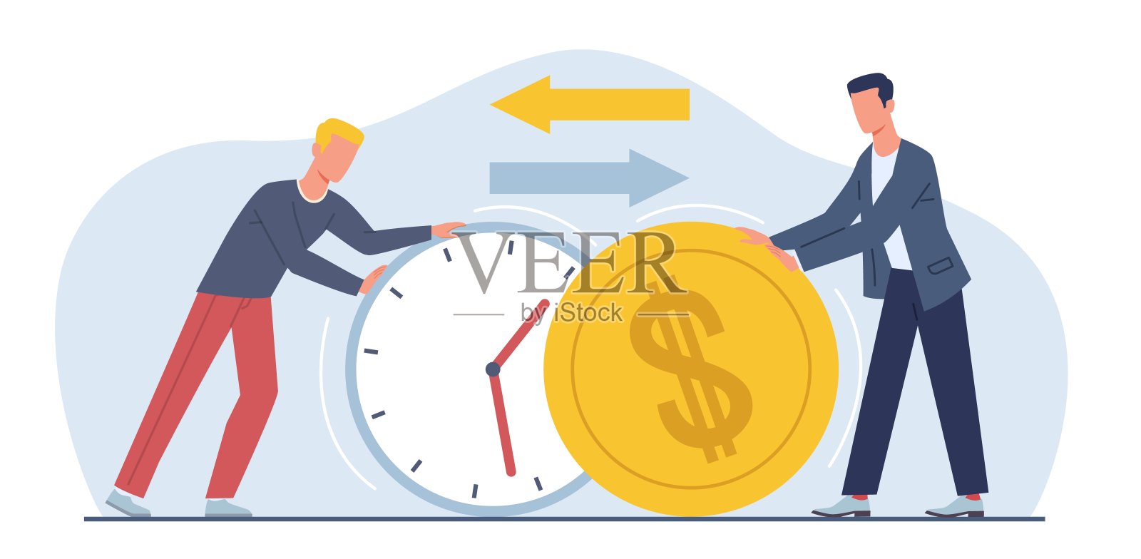 用时间和精力换取金钱，并为工作获得报酬。男人拿着巨大的钟和冰冷的硬币。时间成本比喻。分钟的工作。卡通平面风格孤立矢量概念插画图片素材