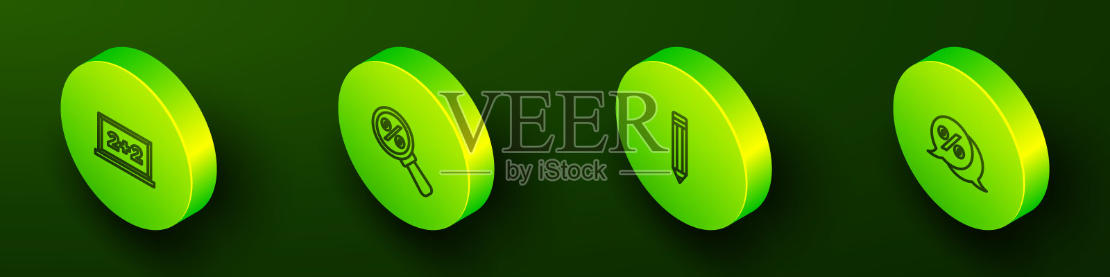 设置等距线黑板，放大镜与百分比，铅笔和折扣标签图标。向量图标素材