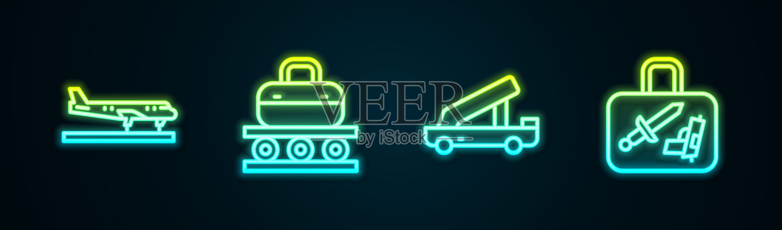 集线机、带箱输送带、客梯、箱包。发光的霓虹灯图标。向量插画图片素材