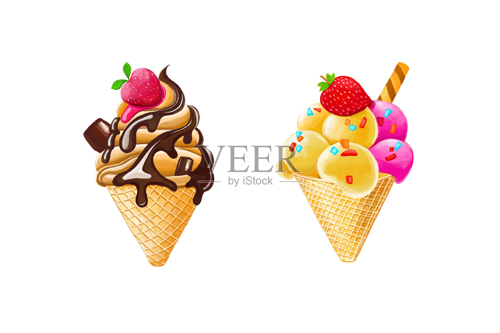 水彩画插图冰淇淋集。美味和可爱的甜点棒棒糖与巧克力，草莓和香草冰淇淋数码绘画孤立的白色背景。插画图片素材