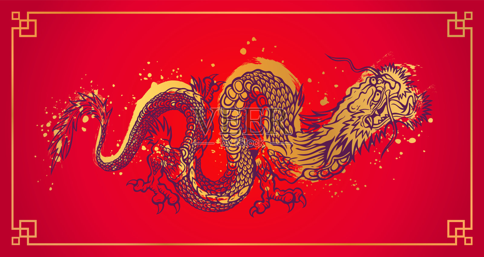 矢量插图一个金色的中国龙。亚洲龙在亚洲风格的红色背景纹身。插画图片素材