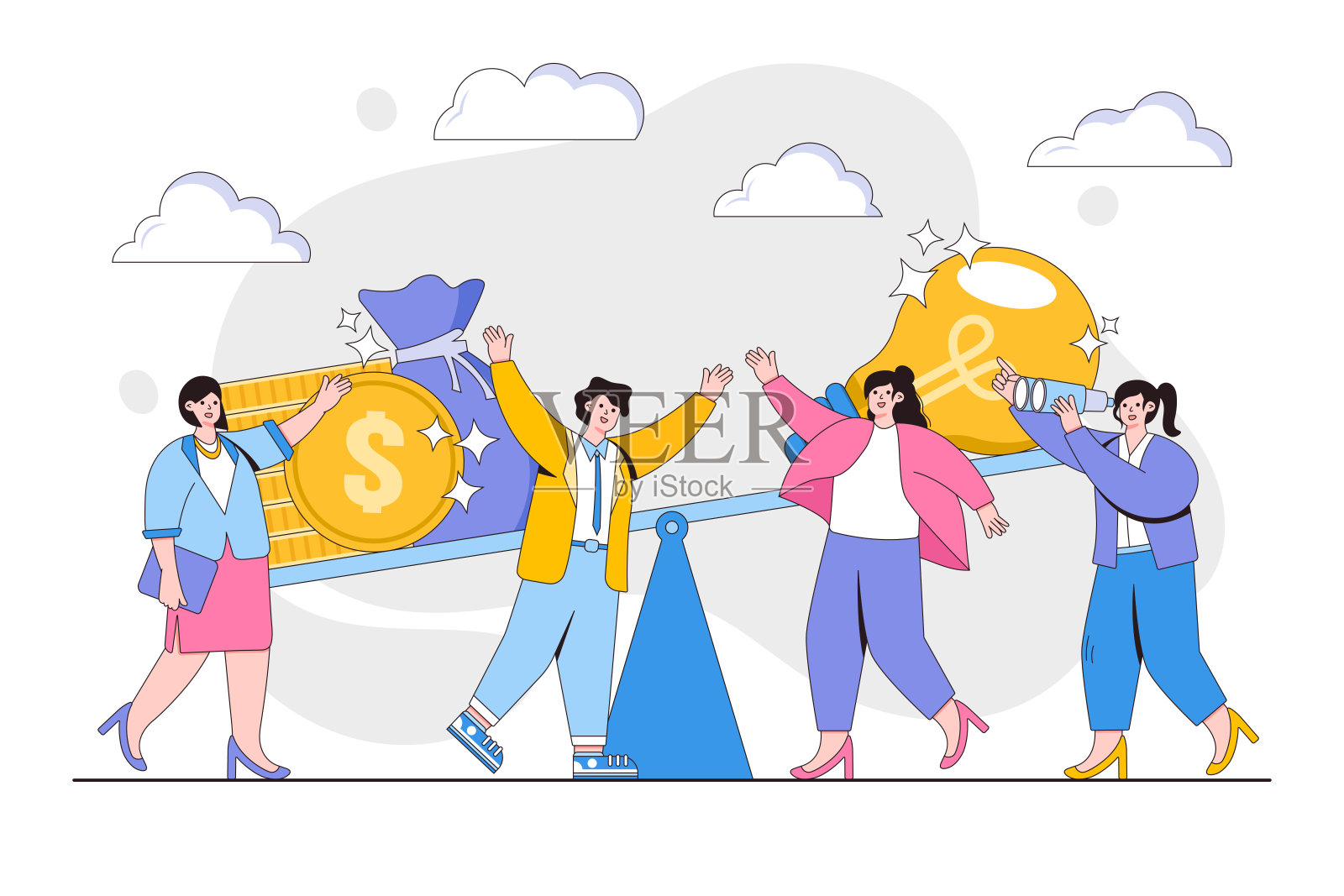 超重、重视、购买理念。一群人把钱投在一个摇摆不定的想法上，然后把它投出去。大纲设计风格最小的矢量插图登陆页，网页横幅，信息图表插画图片素材