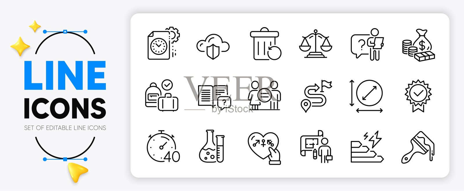 定时器，说明书和化学实验室线图标。用于web应用程序。矢量图标素材