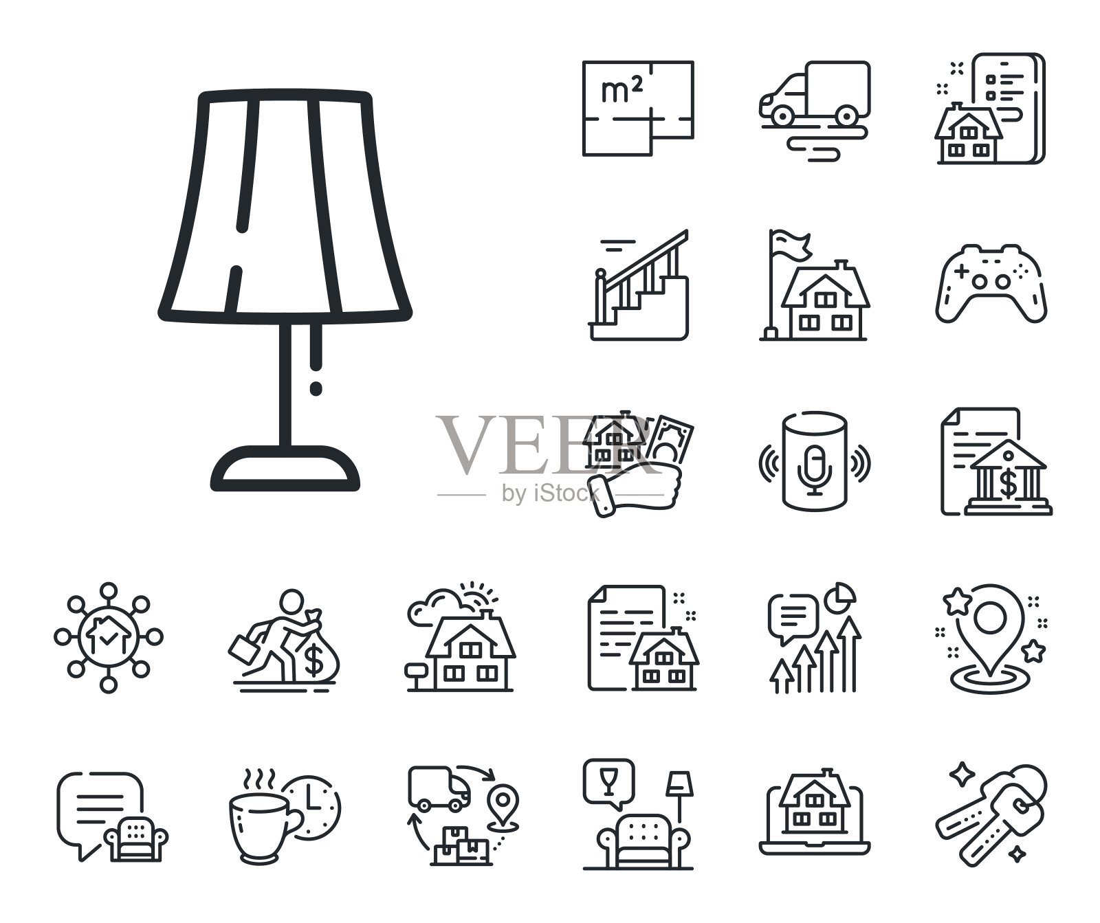 台灯线图标。床头灯标志。平面图、楼梯和休息室。向量图标素材