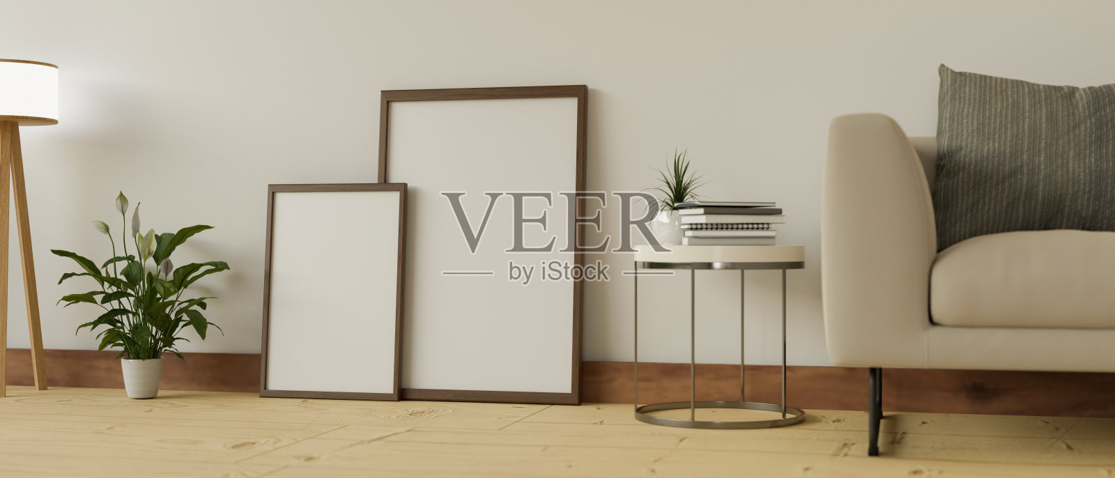 在最小的客厅装饰的木地板上的空白框架模型。照片摄影图片