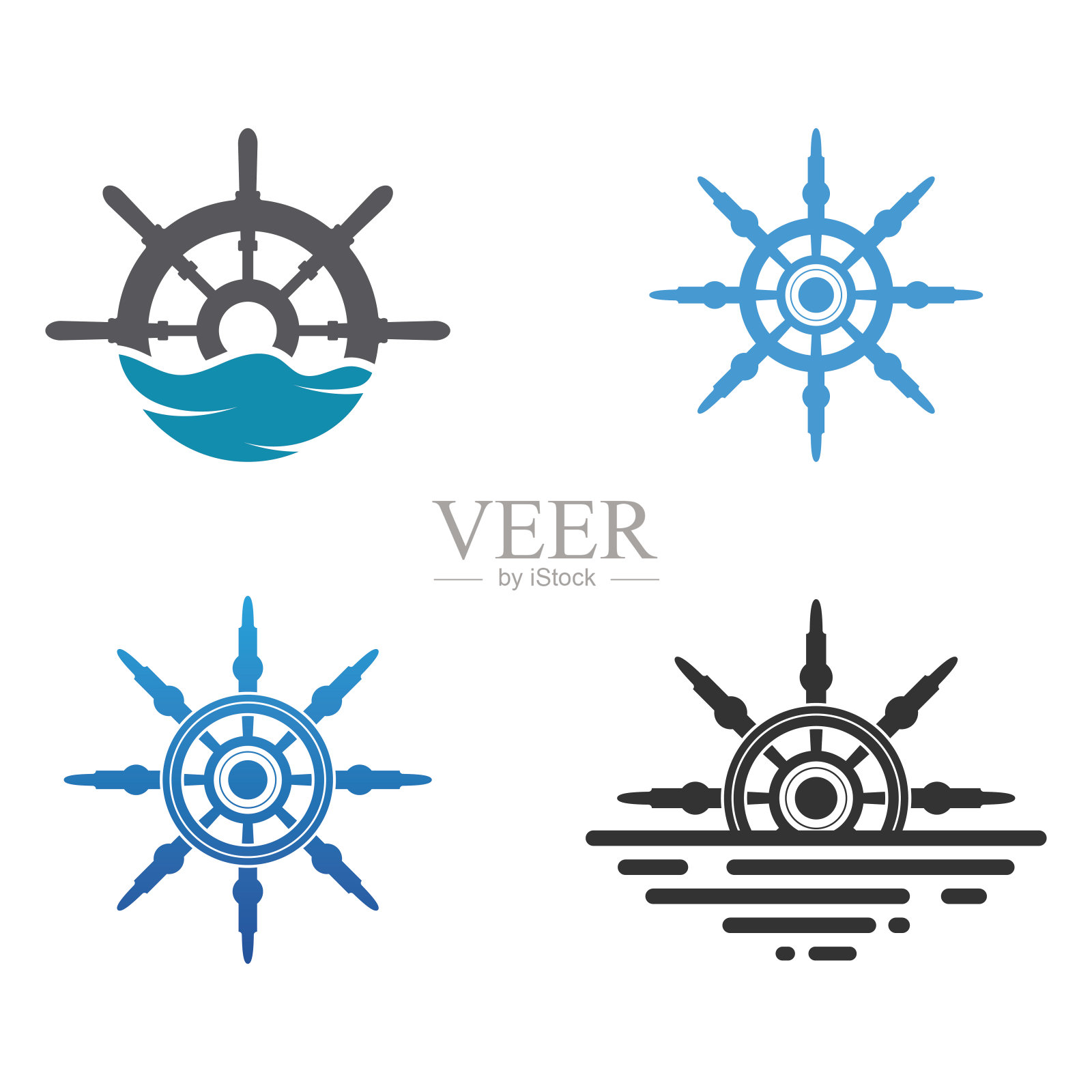 游轮舵模板标志设计与海浪。插画图片素材