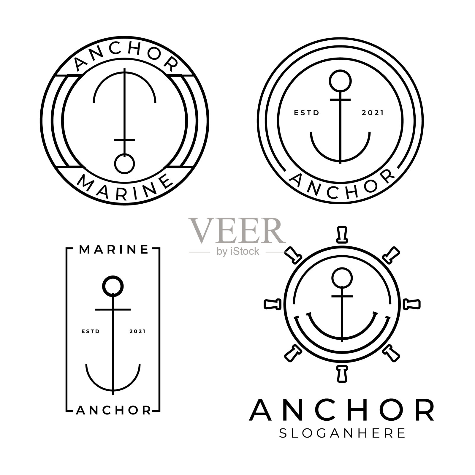 设置或捆绑简单单色线艺术锚徽章标志设计矢量插画图片素材
