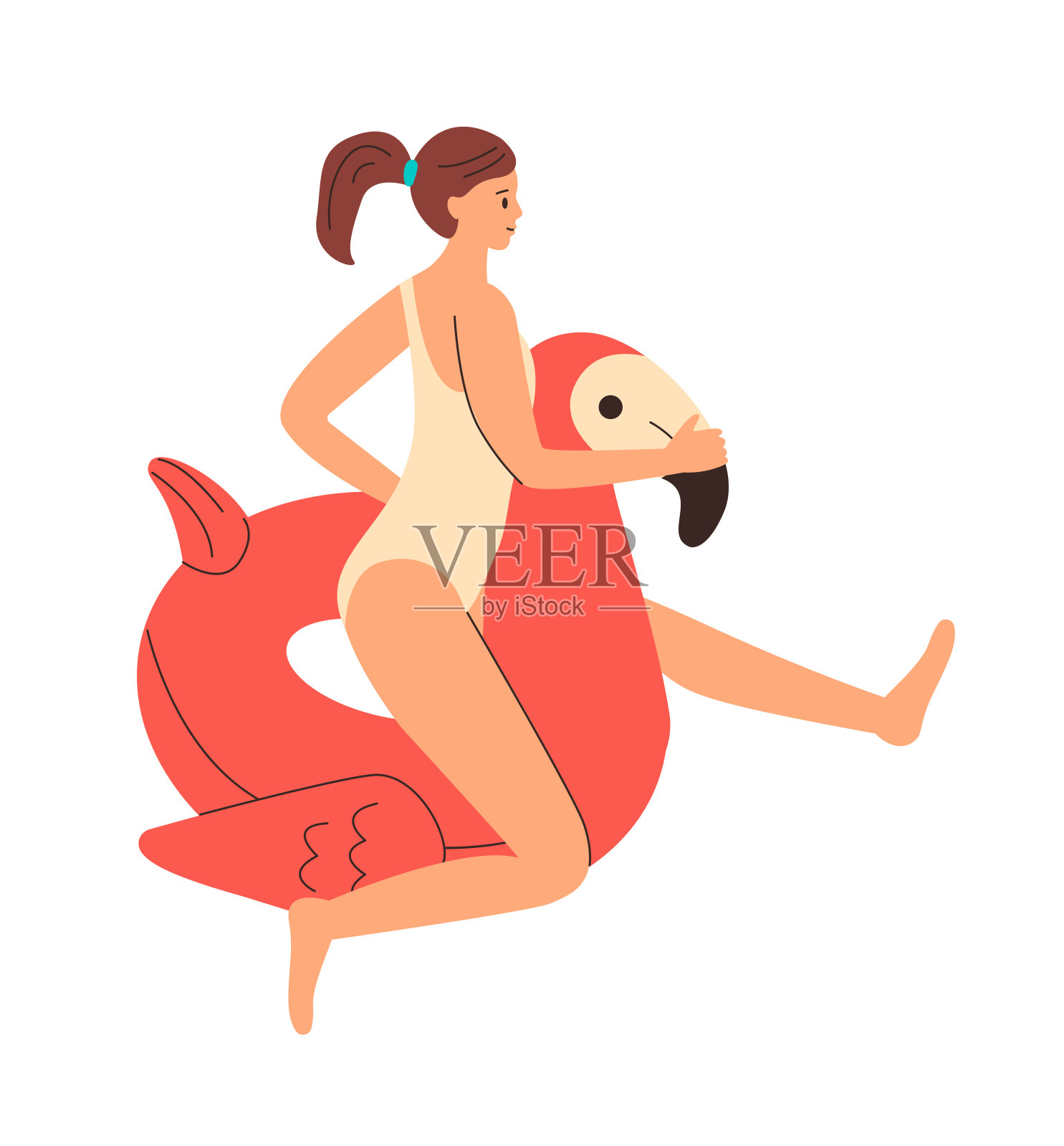 穿着泳装的女孩坐在一个火烈鸟形状的充气圈上。彩色橡胶充气游泳圈。插画图片素材