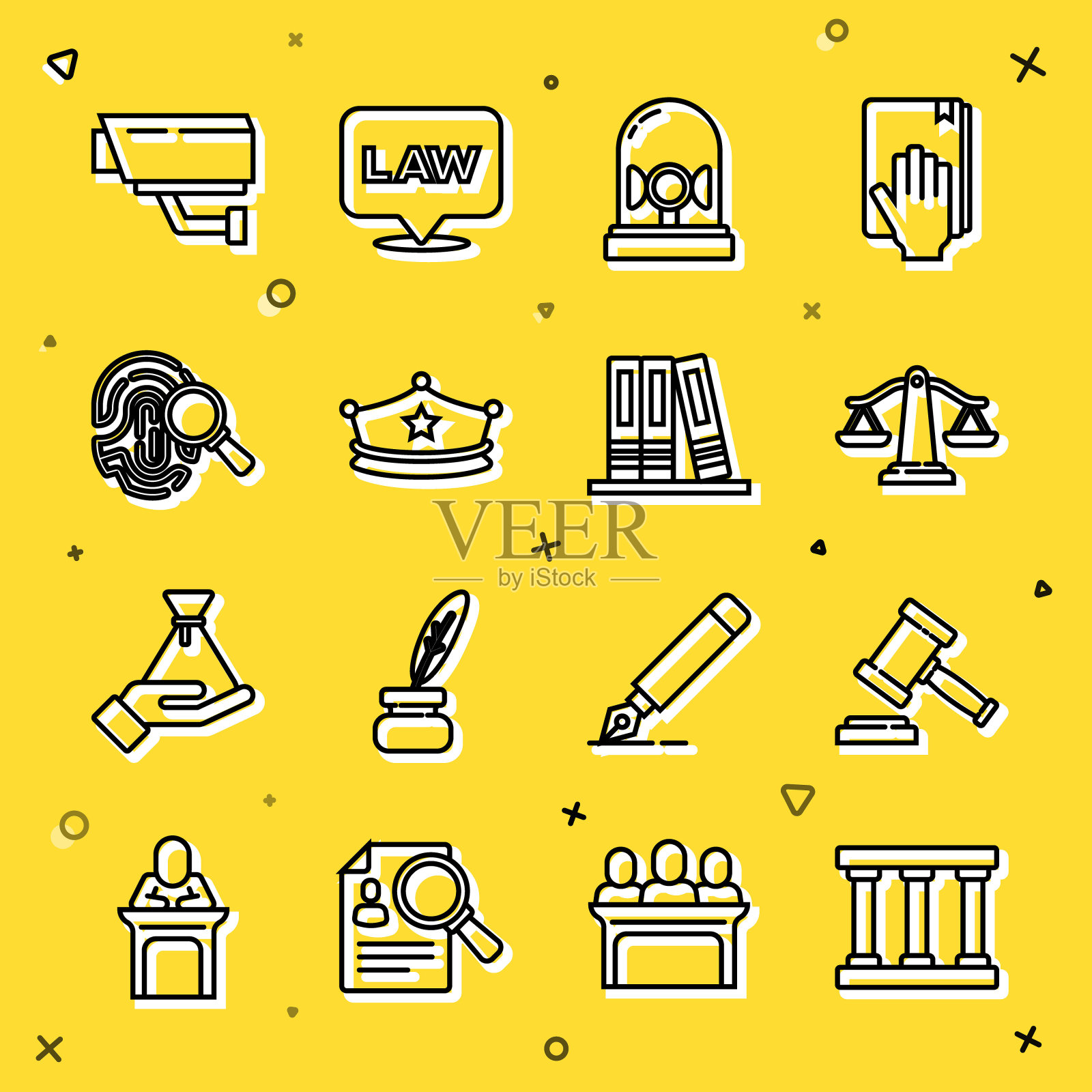 监狱窗户、法官 gavel、正义天平、闪光警报器、警帽、指纹、监控摄像头和办公文件夹图标矢量图插画图片素材