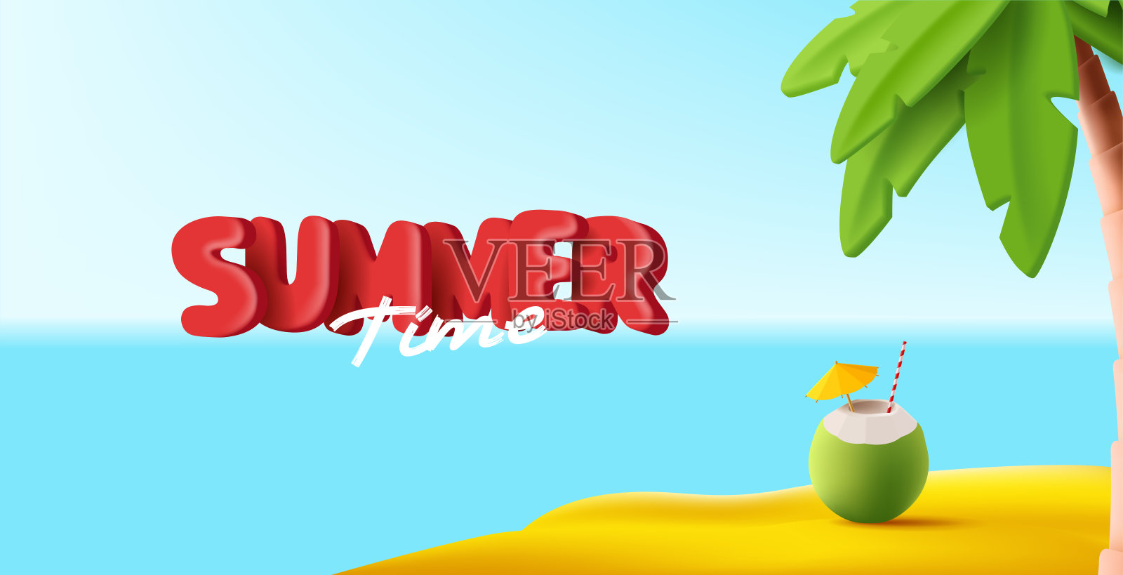 夏日旅游3d构图，沙滩上椰蓉鸡尾酒与美丽的景色和棕榈树插画图片素材