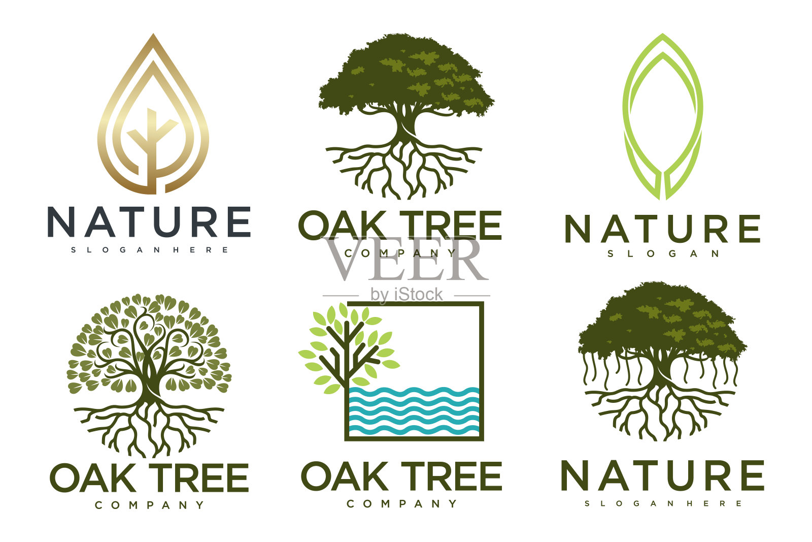 树标志图标集设计。园林植物自然符号模板。矢量插图。插画图片素材