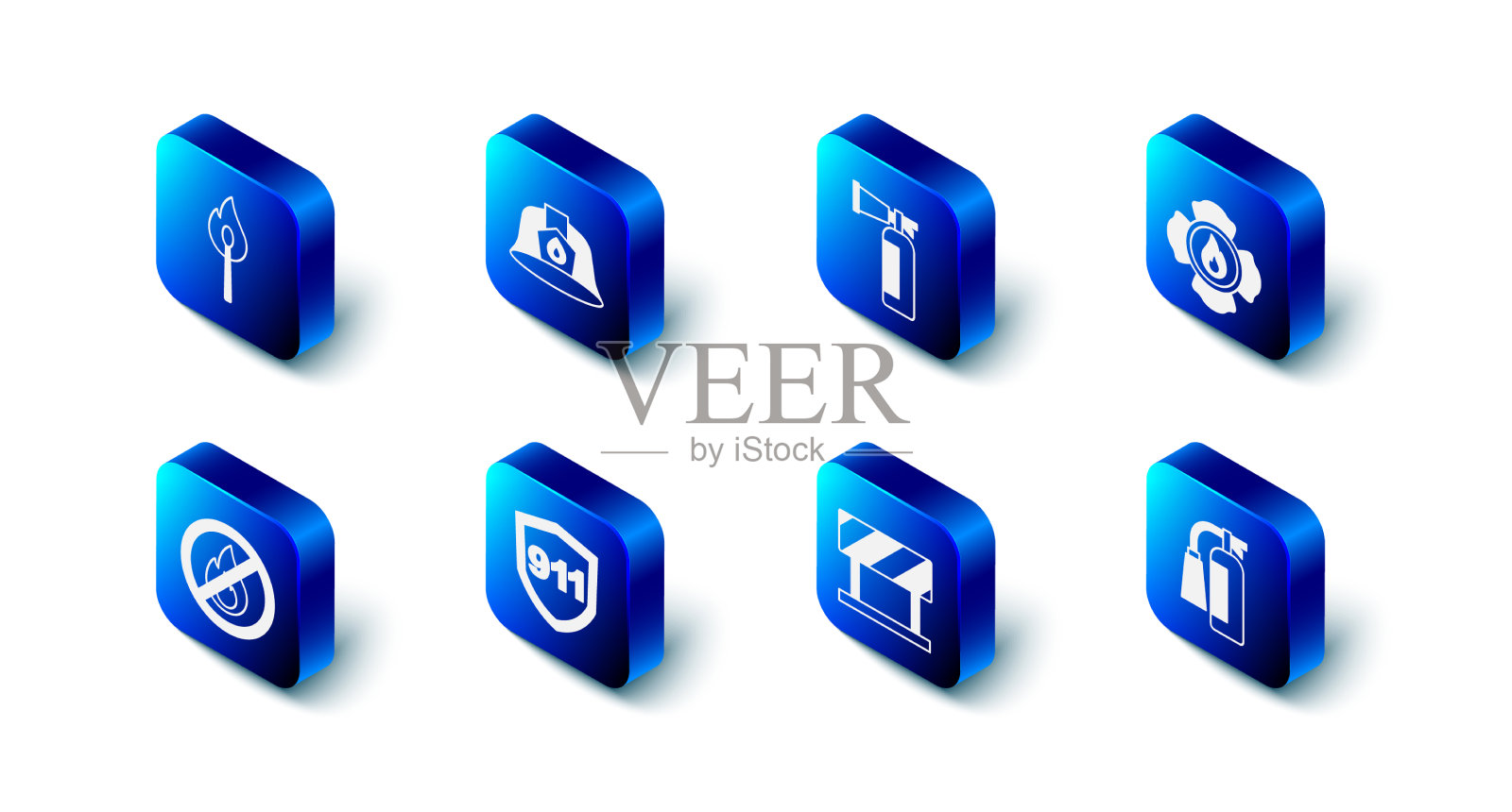 设置消防员头盔、灭火器、道路护栏图标素材