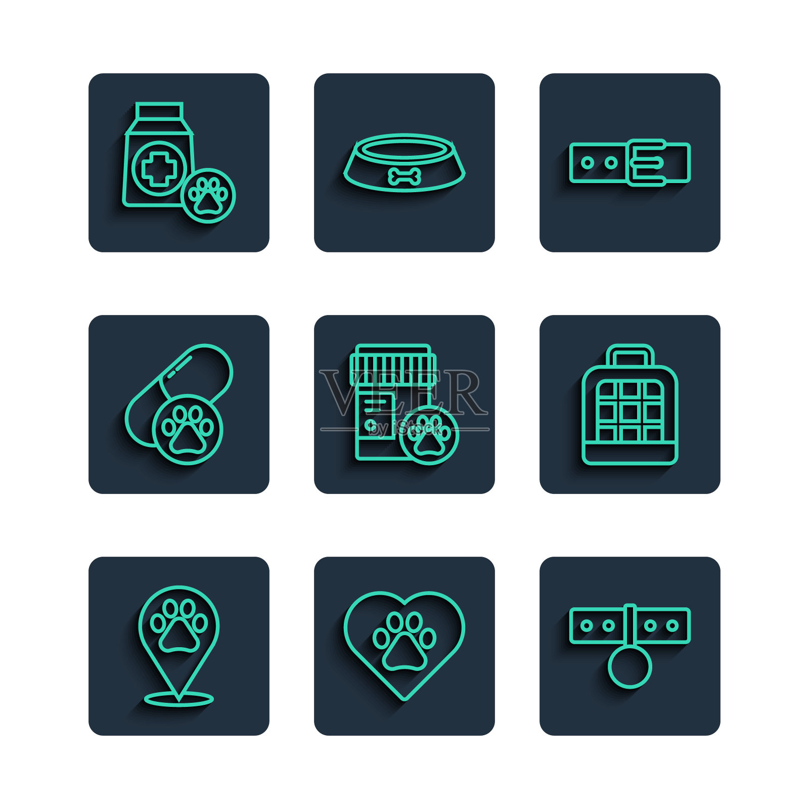 设置线位置兽医，心脏与动物足迹，项圈名牌，狗药瓶，药丸，食品袋和宠物手提箱图标。向量图标素材