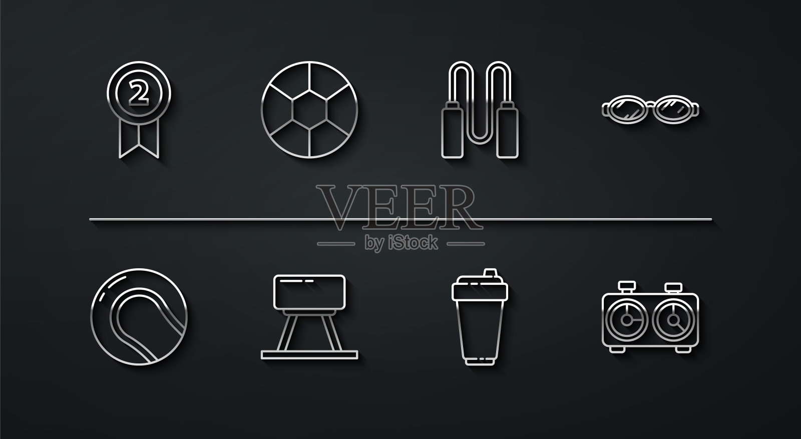 集线奖章，棒球，眼镜游泳，健身摇床，鞍马，足球，时间国际象棋时钟和跳绳图标。向量图标素材