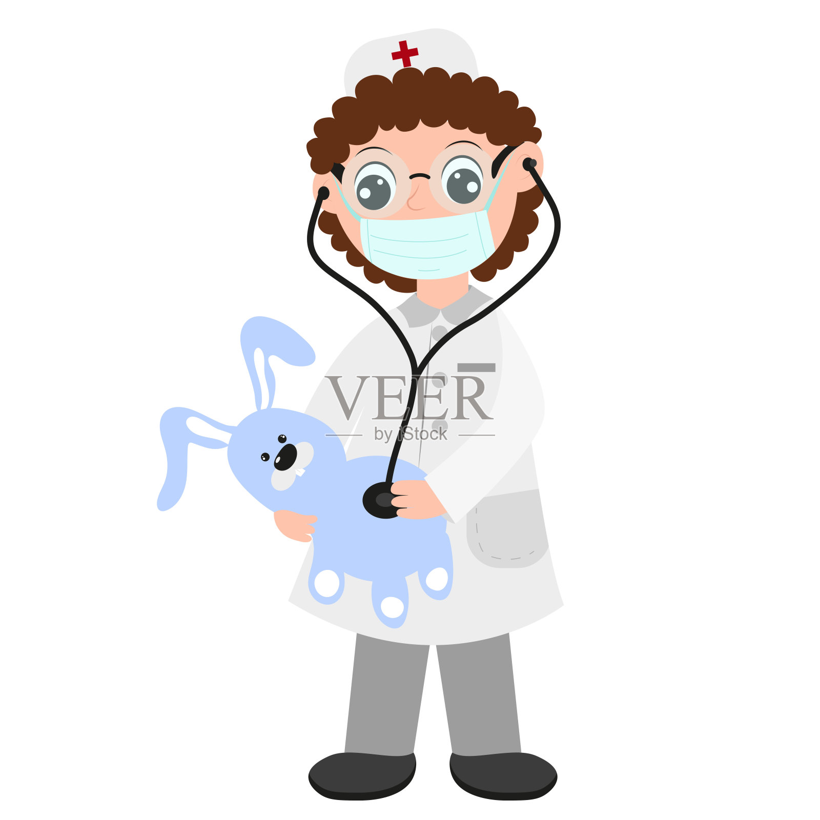 女医生用听诊器抱着兔子。插画图片素材