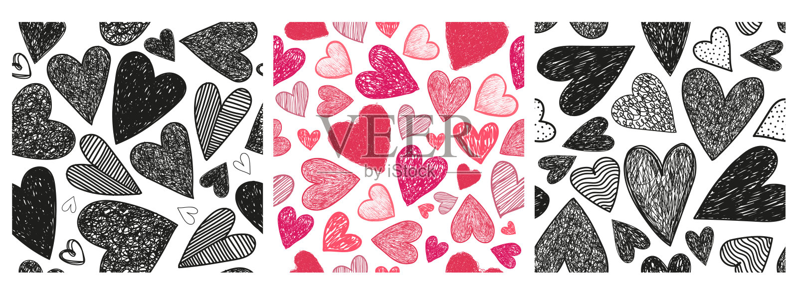 矢量集的无缝模式。手绘涂鸦心，纹理，爱的背景插画图片素材