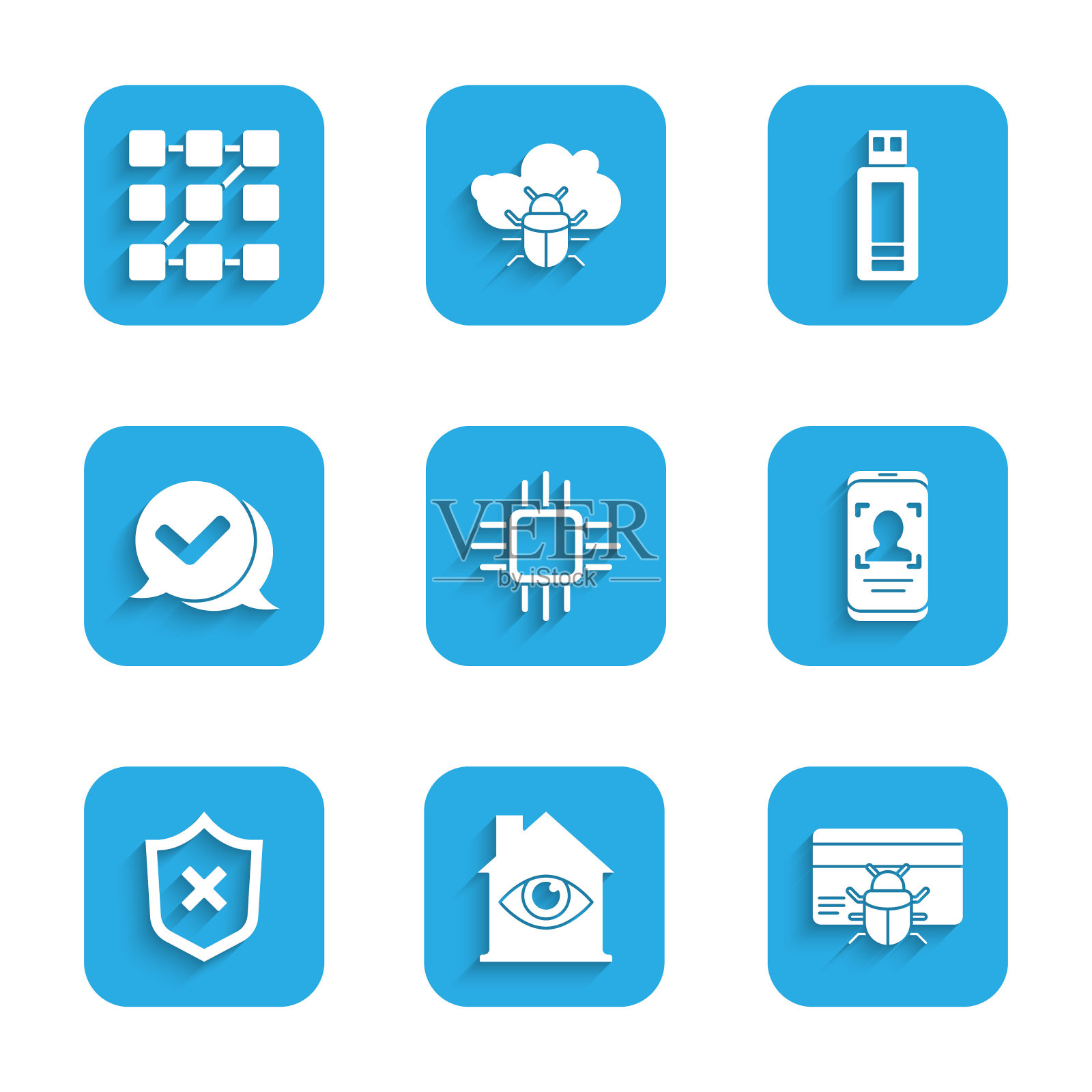 设置带有微电路CPU的处理器，信用卡系统错误，手机和人脸识别，屏蔽十字标记，检查语音气泡，USB闪存驱动器和图形密码保护图标。向量图标素材