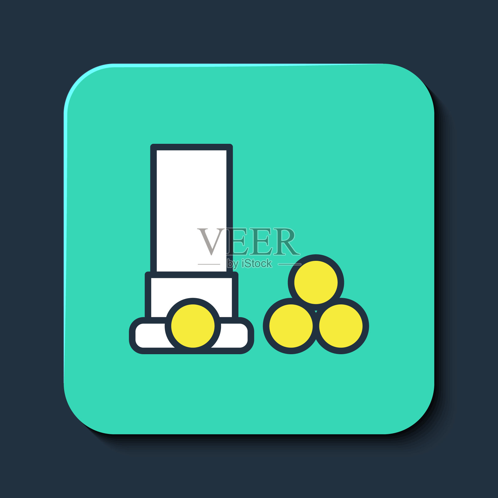 填充轮廓墨盒图标隔离在蓝色背景。猎枪枪弹。猎枪子弹图标。绿松石方形纽扣。向量图标素材