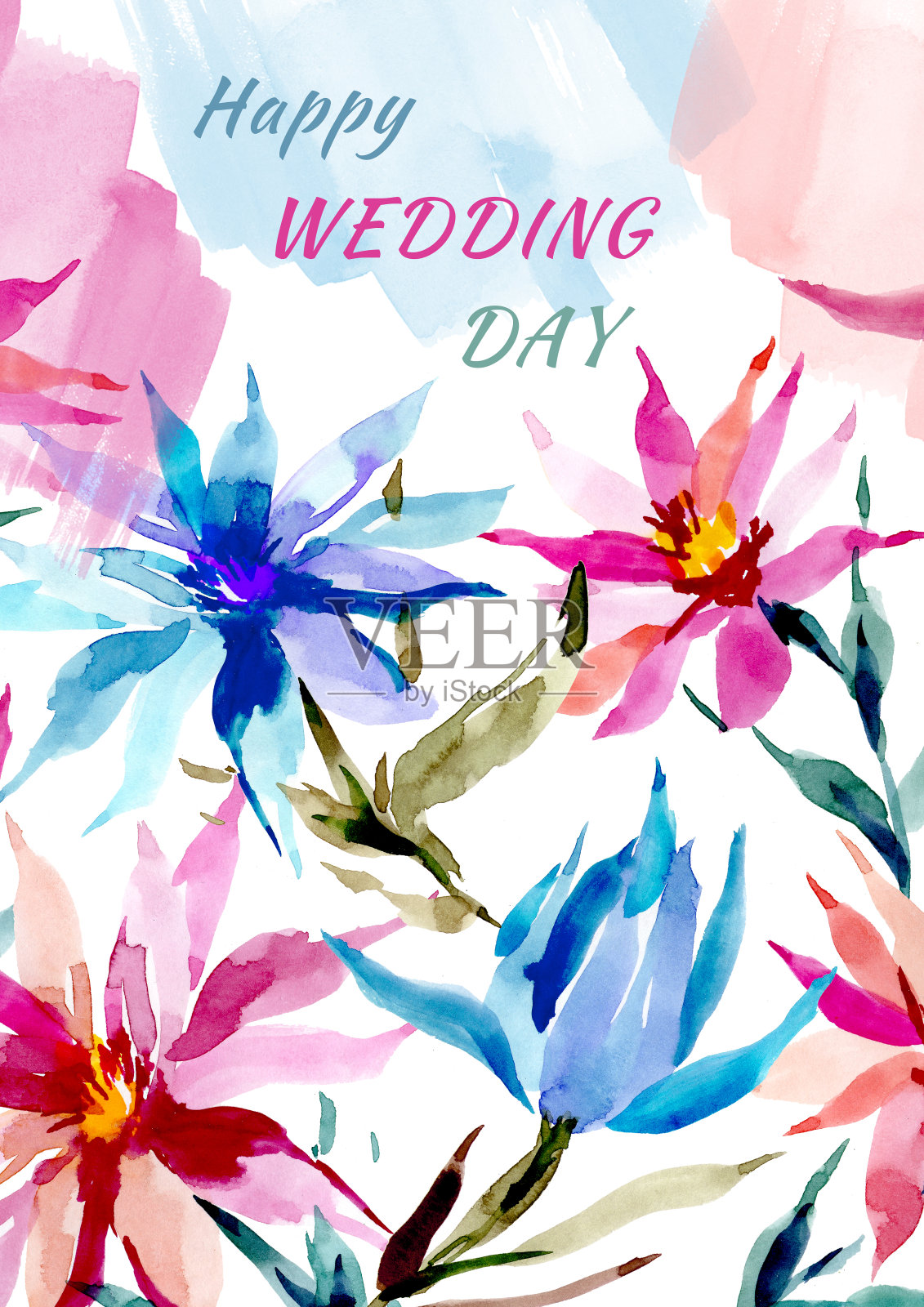 婚礼当天贺卡配水彩花。抽象花朵海报插画图片素材