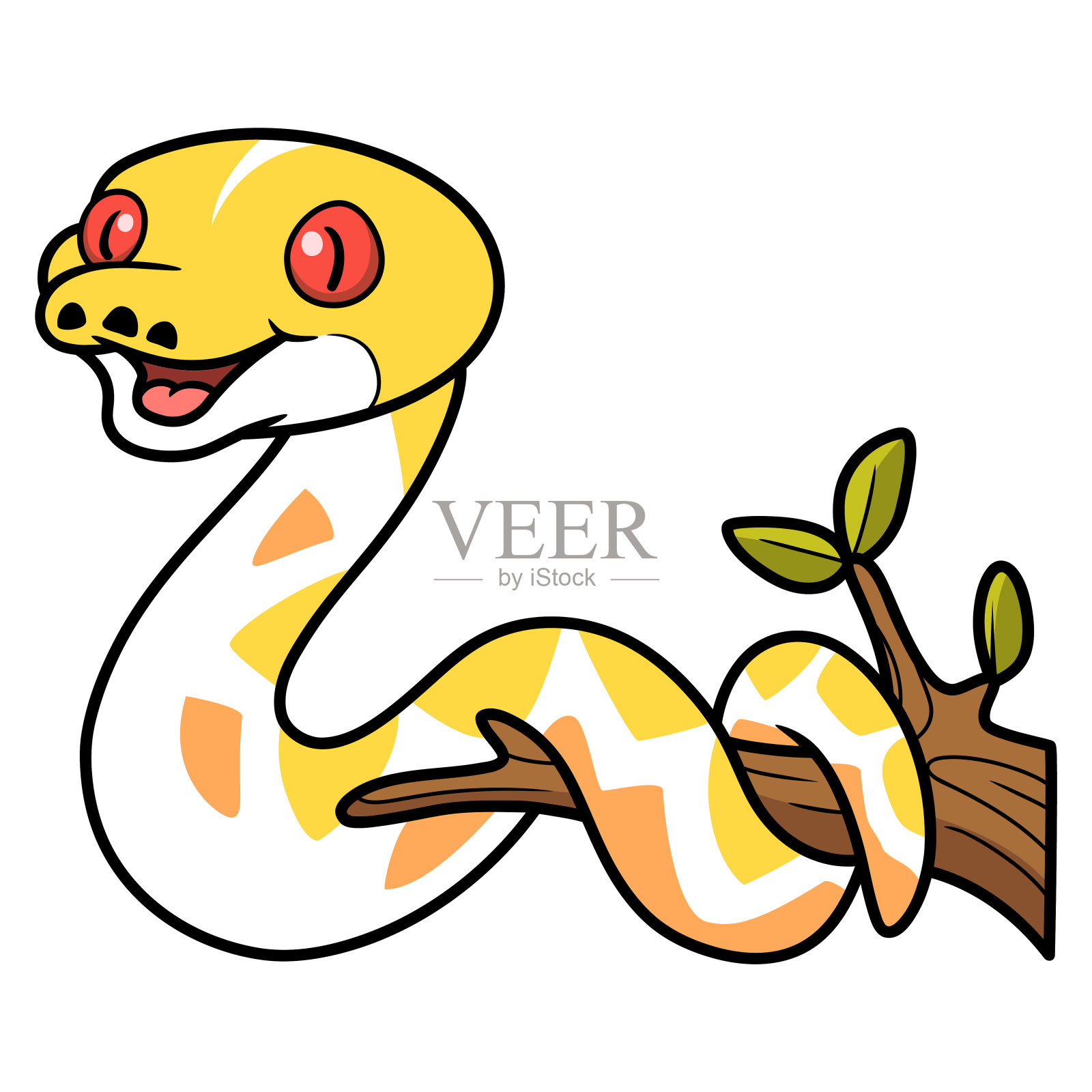 树枝上可爱的网状蟒蛇卡通插画图片素材