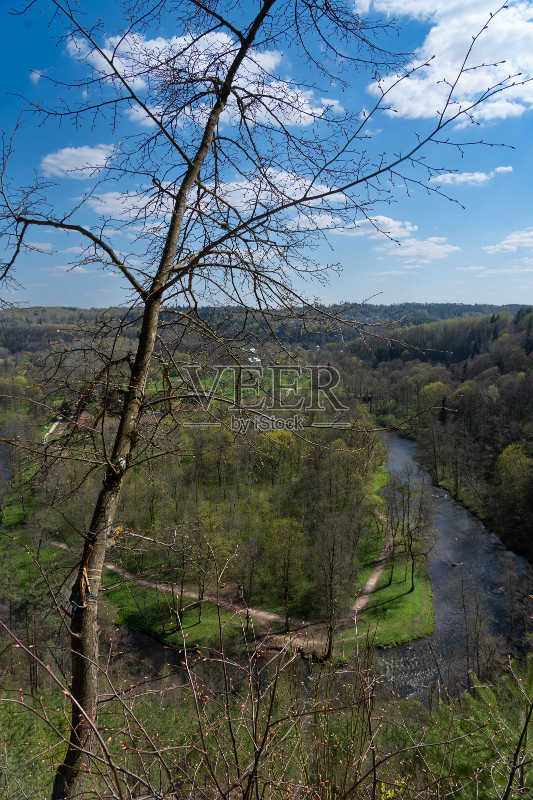 从上面看美丽的河景。早春的蓝天和绿色环境照片摄影图片