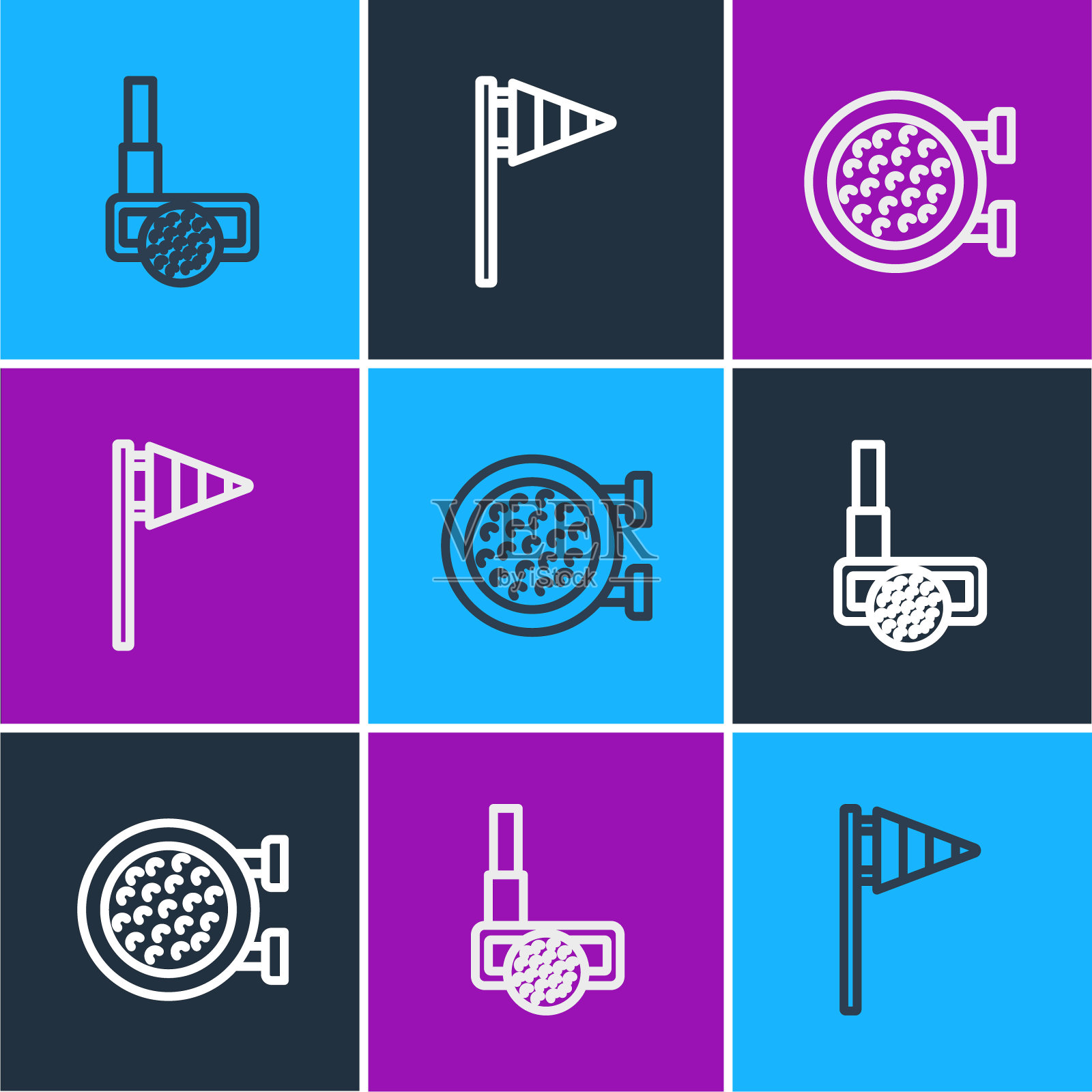 设置线高尔夫俱乐部与球，运动和旗帜图标。向量图标素材