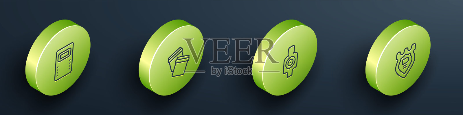 设置等距线警察突击盾牌，塑料袋与自封，人体目标运动射击和徽章图标。向量图标素材