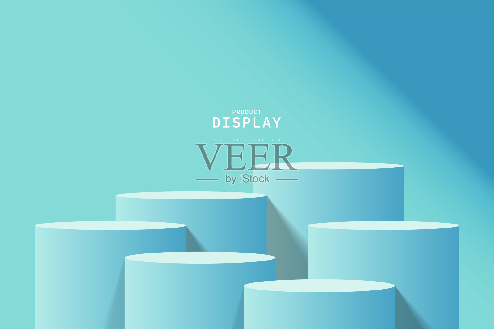 空的蓝色房间与一套六步3D圆柱裙台基座或产品展示架。三维矢量几何平台设计。最小的墙壁场景的模型。产品展示的舞台。插画图片素材