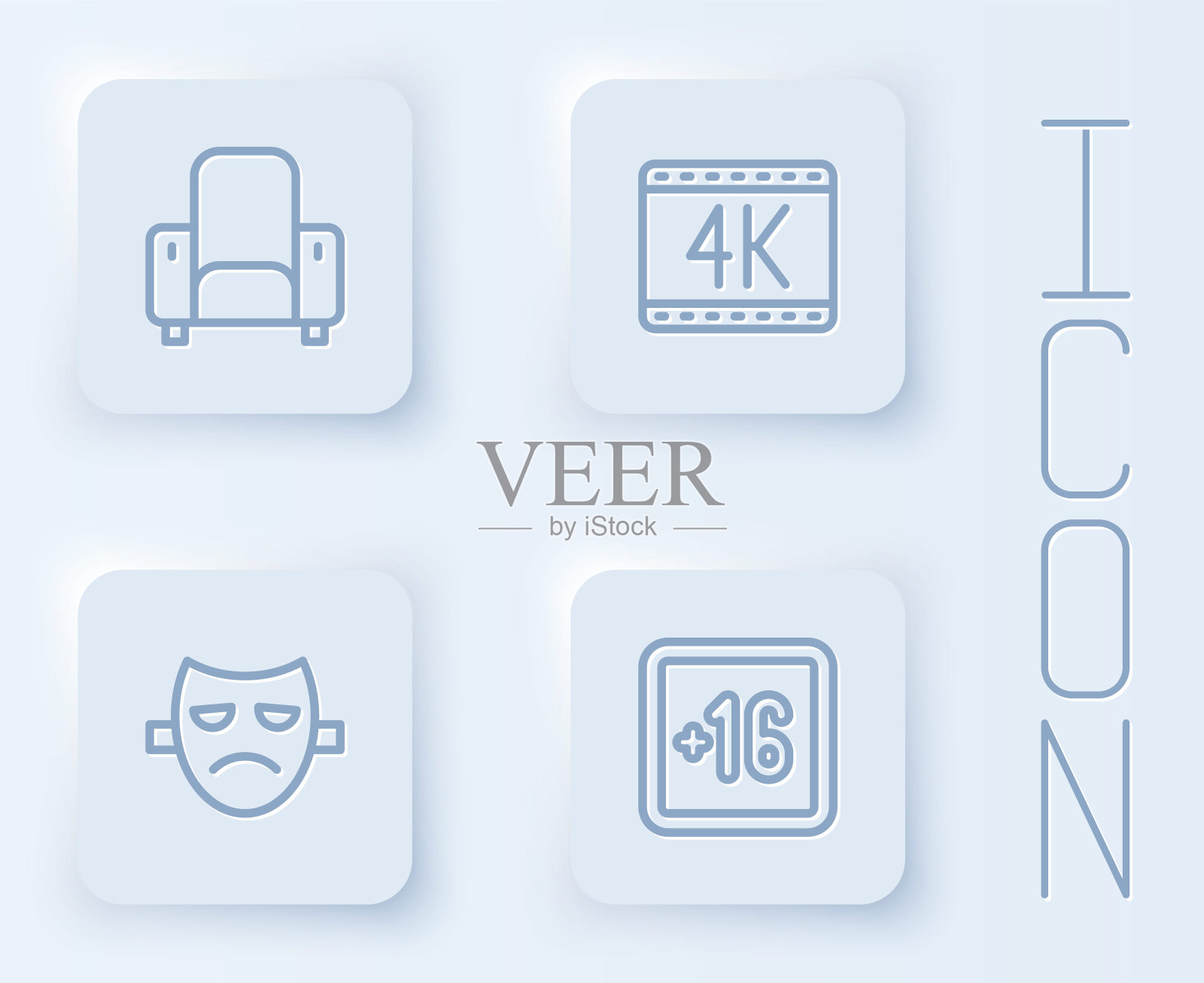 套装线电影院椅子，4k电影，戏剧戏剧面具和Plus 16。白色方形按钮。向量插画图片素材