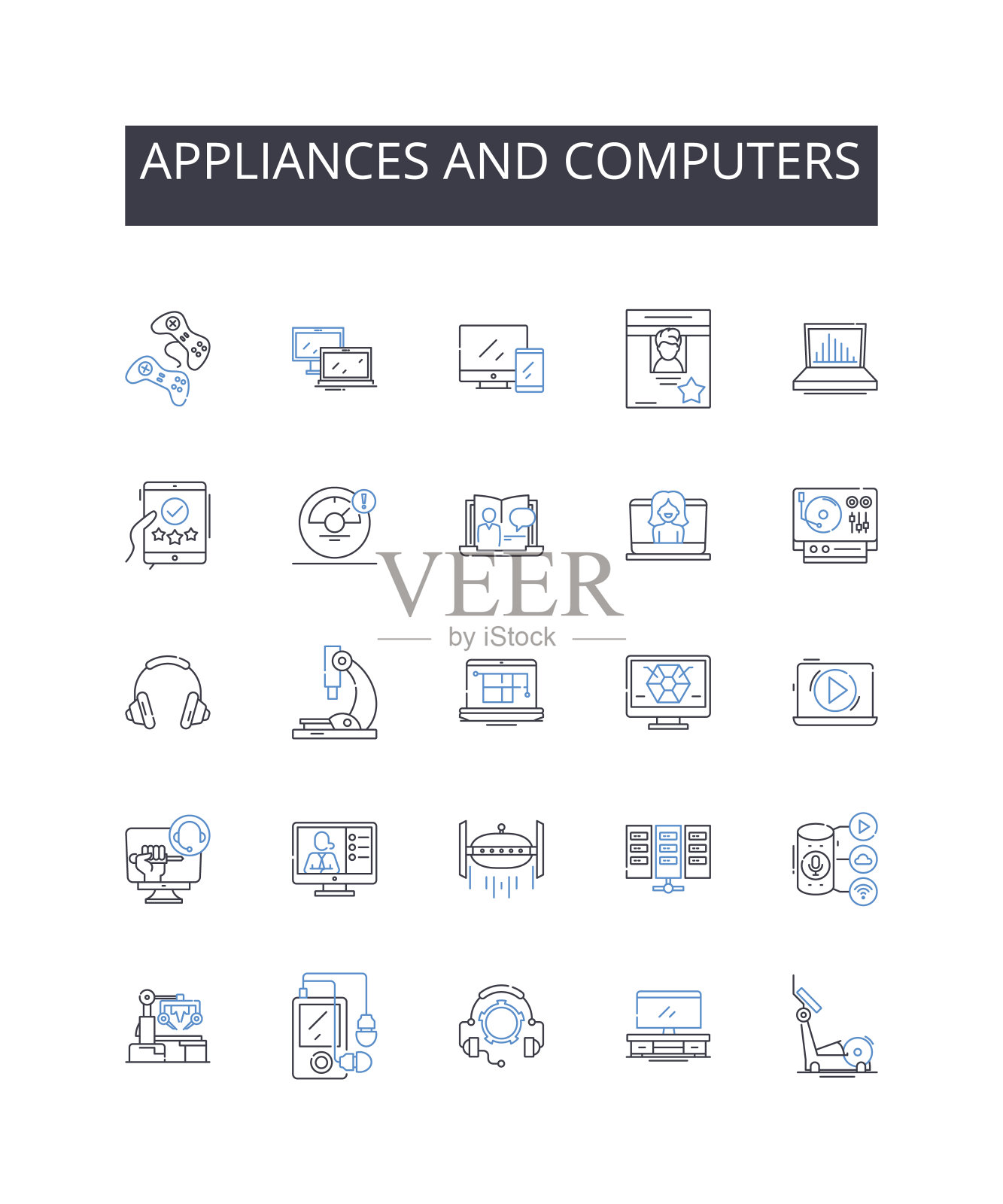 电器和电脑线条图标收集。木工，雕刻，雕刻，金属制品，手工工具，工艺，精密矢量和线性插图。刀片，边缘，锈轮廓标志设置图标素材