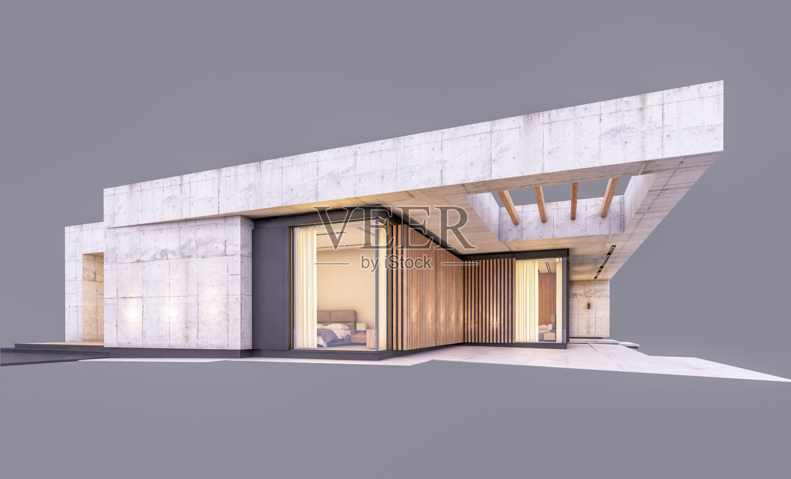 现代风格的新混凝土房屋的三维效果图，在傍晚孤立在灰色上照片摄影图片