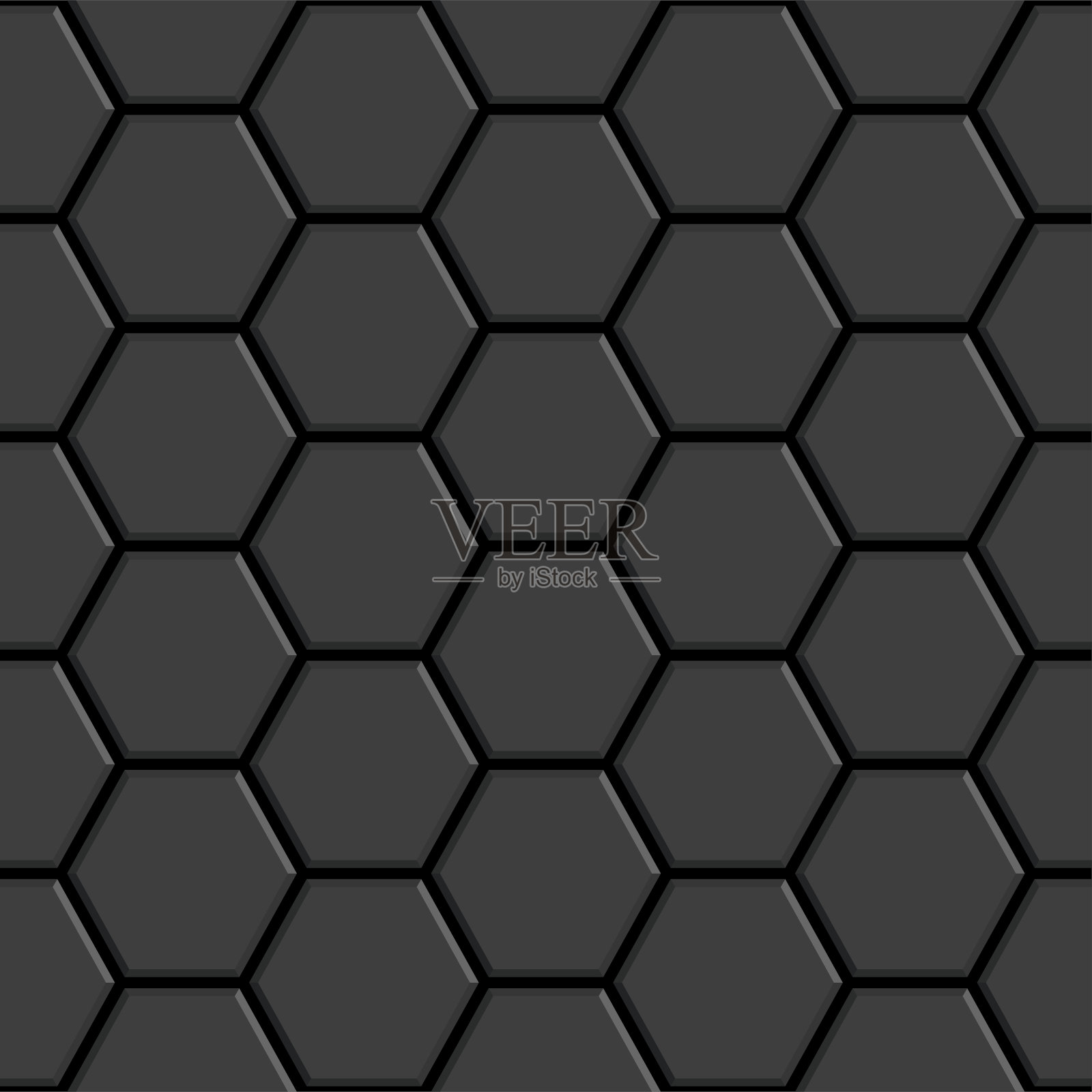 深灰色光泽陶瓷六边形瓷砖无缝图案。现代家居室内，浴室和厨房的墙面纹理。矢量黑色闪亮的金属浮雕六边形墙壁背景插画图片素材