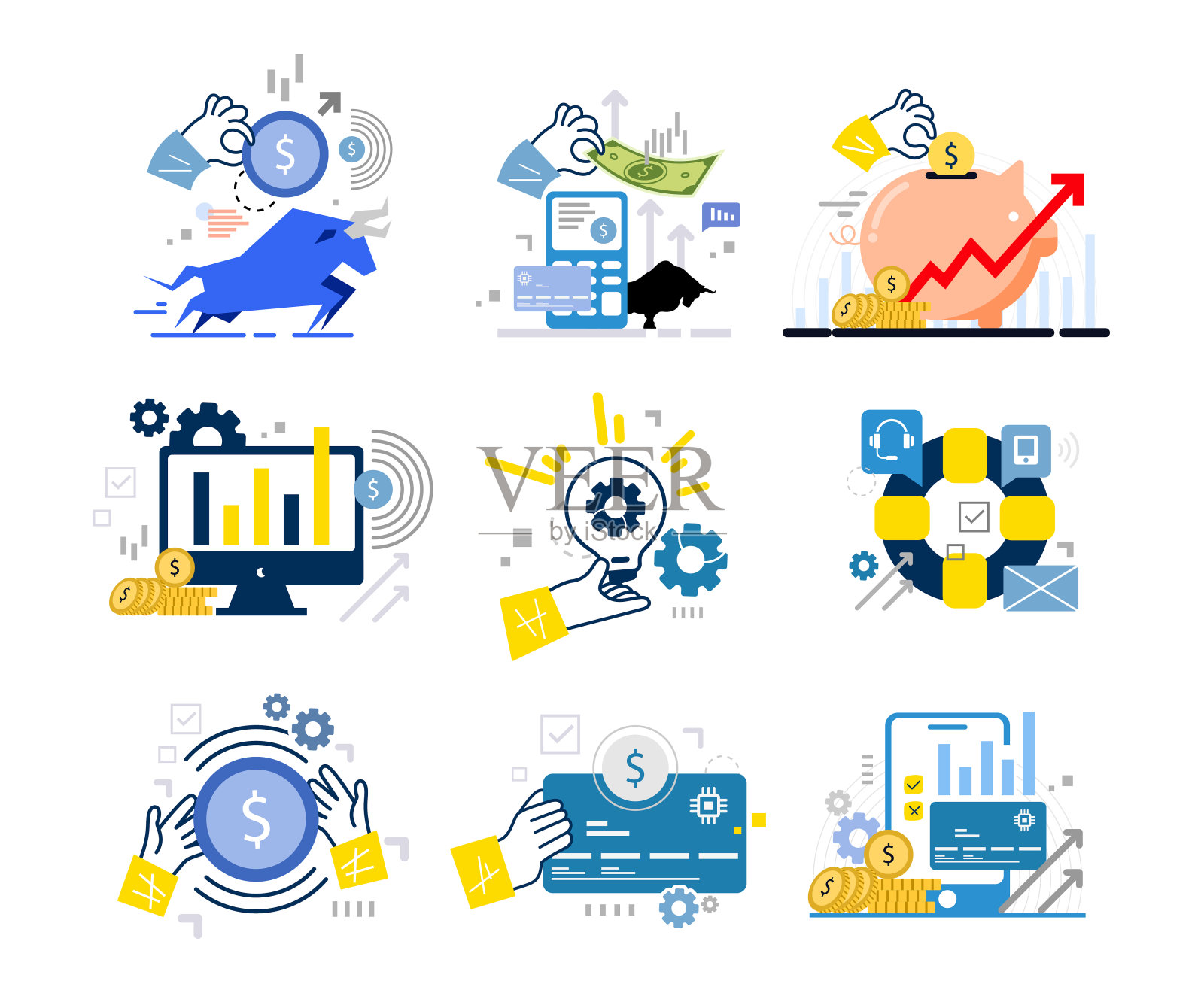 一套智能投资，省钱，解决方案，股票市场，金融，银行，市场数据分析，战略管理和财务规划的插图。平面设计中的矢量插图。插画图片素材