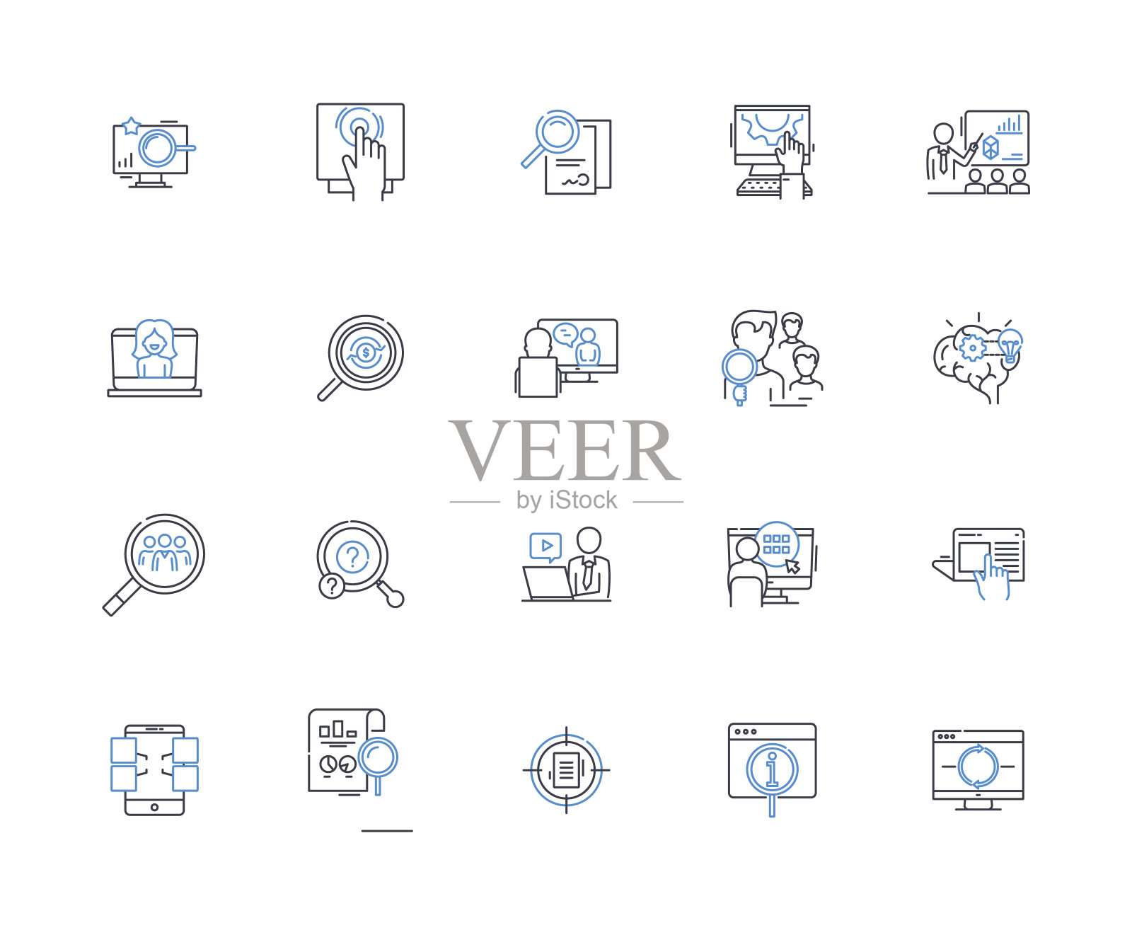 探针线图标收集。调查，测试，检查，发现，研究，探索，分析矢量和线性插图。询问、讯问、审查提纲标志设置图标素材