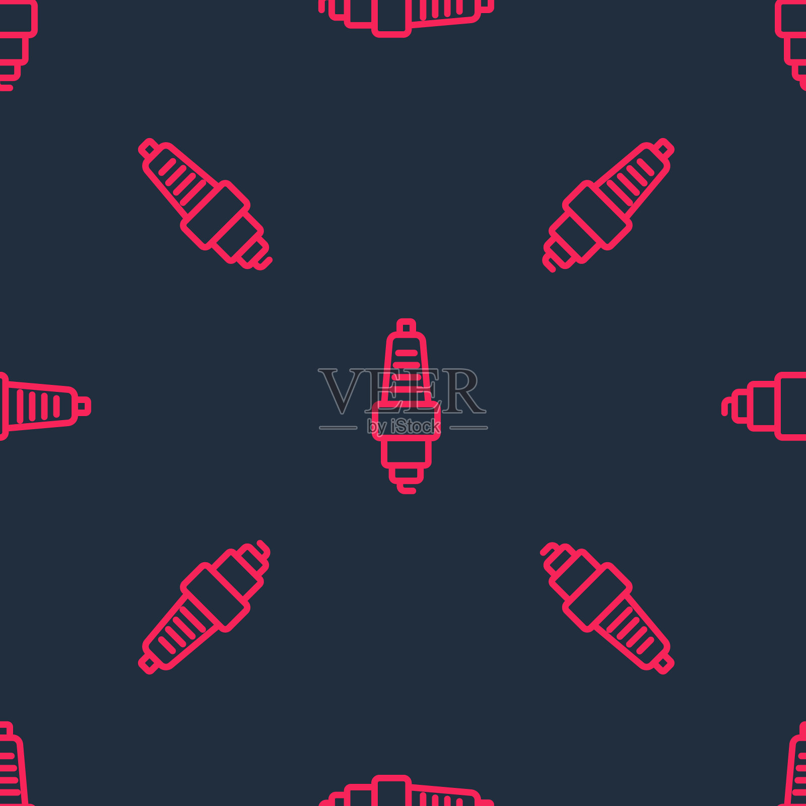 红线汽车火花塞图标隔离无缝图案黑色背景。汽车电蜡烛。向量插画图片素材