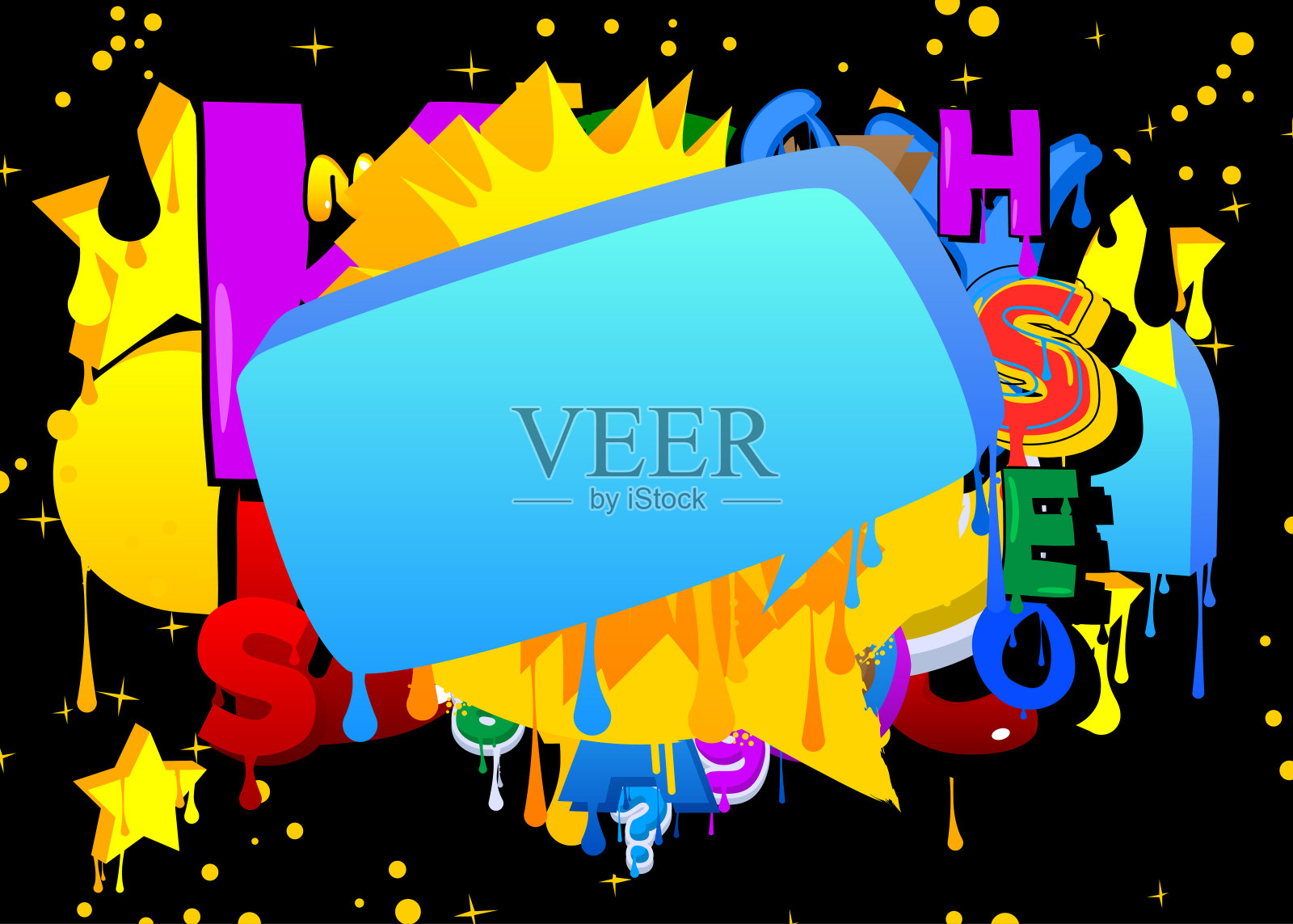 蓝色的演讲泡沫涂鸦与抽象的彩色背景。都市画风背景。探讨现代肮脏街头艺术装饰中的符号。插画图片素材