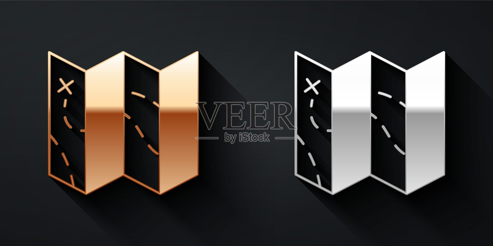 黄金和白银折叠地图图标孤立的黑色背景。长影式。向量插画图片素材