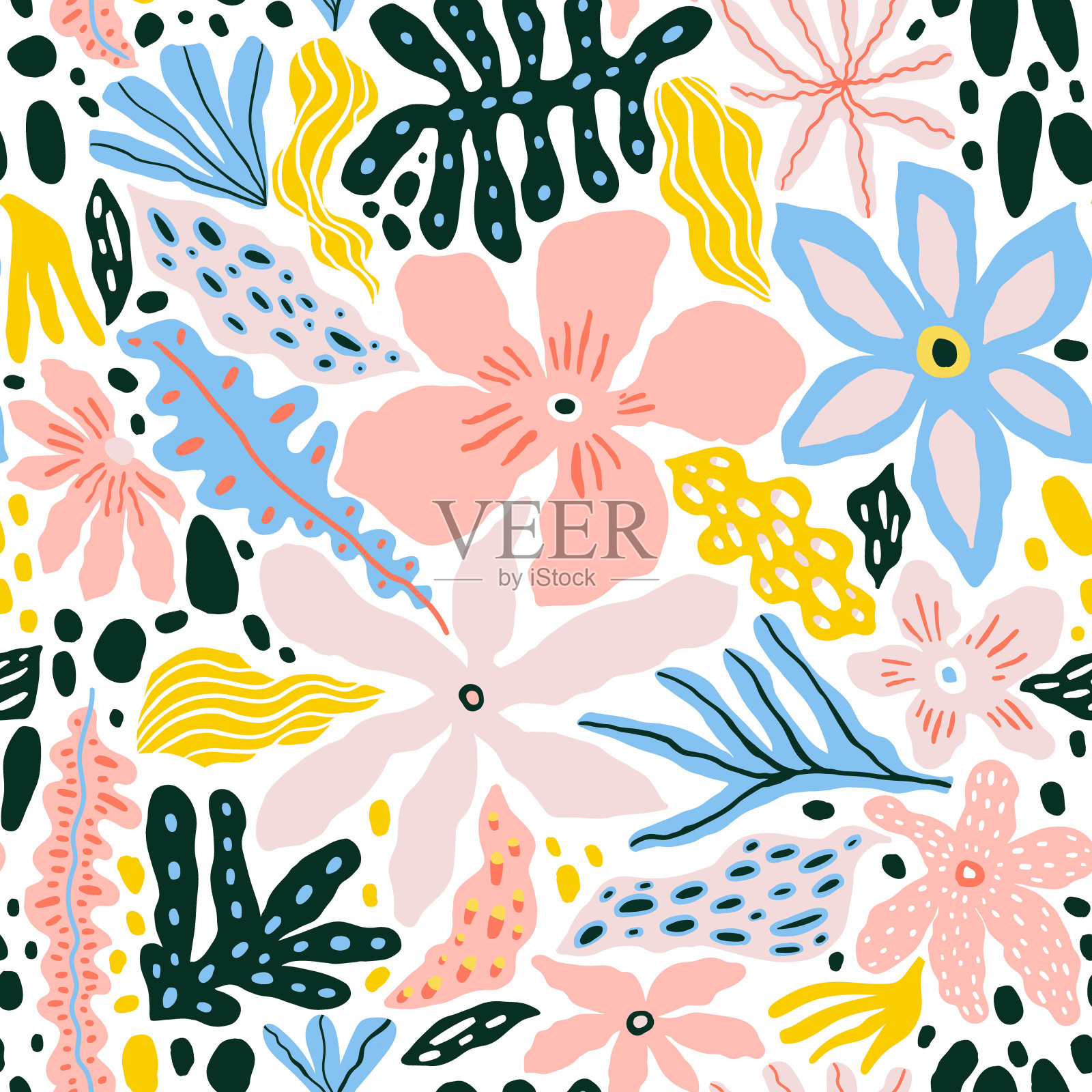 无缝图案与抽象的热带花朵，树叶和形状。夏季丛林花卉设计。适用于织物，纺织品，包装纸，墙纸。矢量纹理插画图片素材