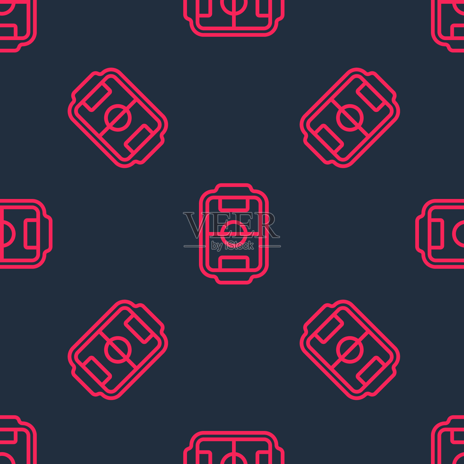 红线桌足球游戏业余爱好或休闲图标隔离无缝图案黑色背景。运动队足球队员。向量图标素材