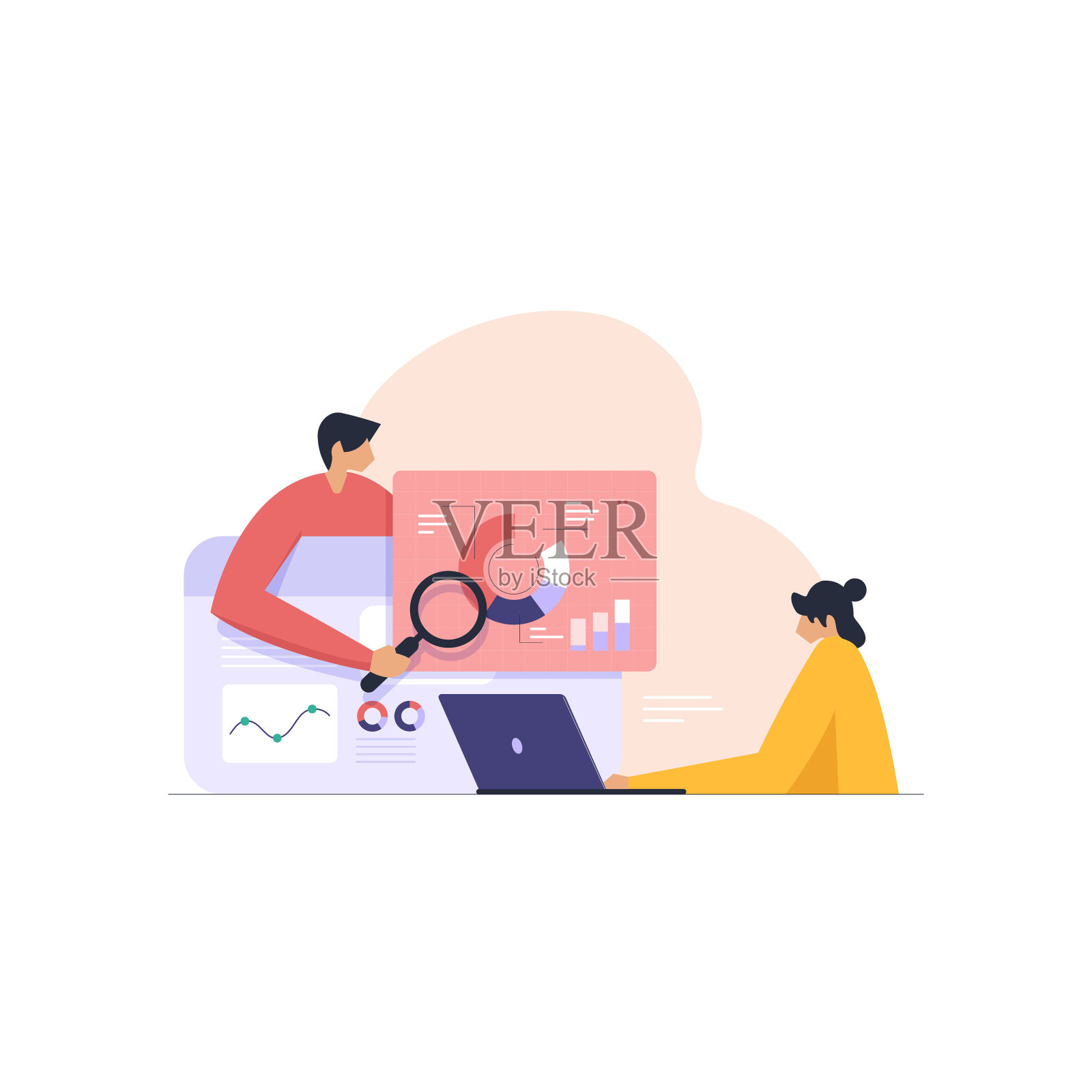 市场调研和商业数据统计，SEO分析师用放大镜，增长图表数据插画图片素材