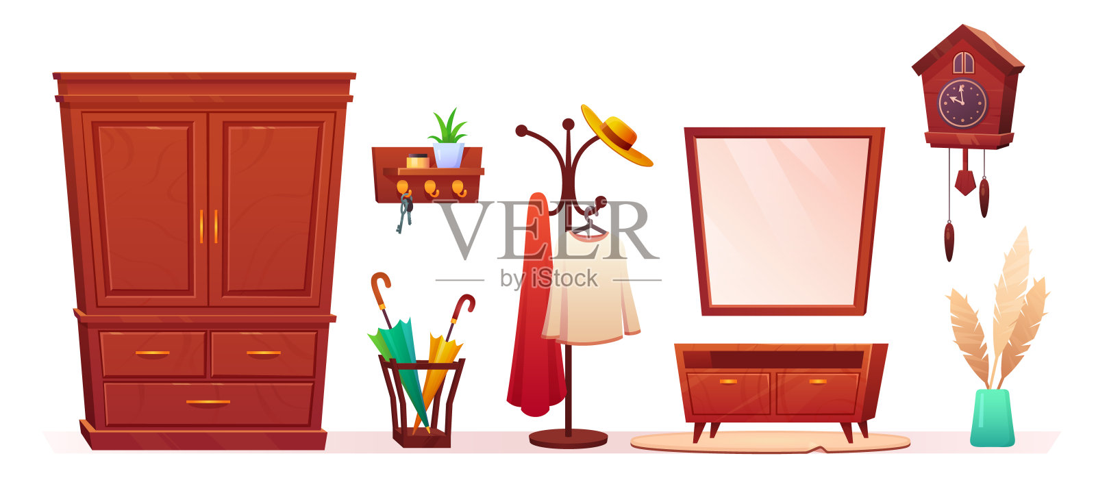 家庭走廊房间室内矢量家具套装插画图片素材