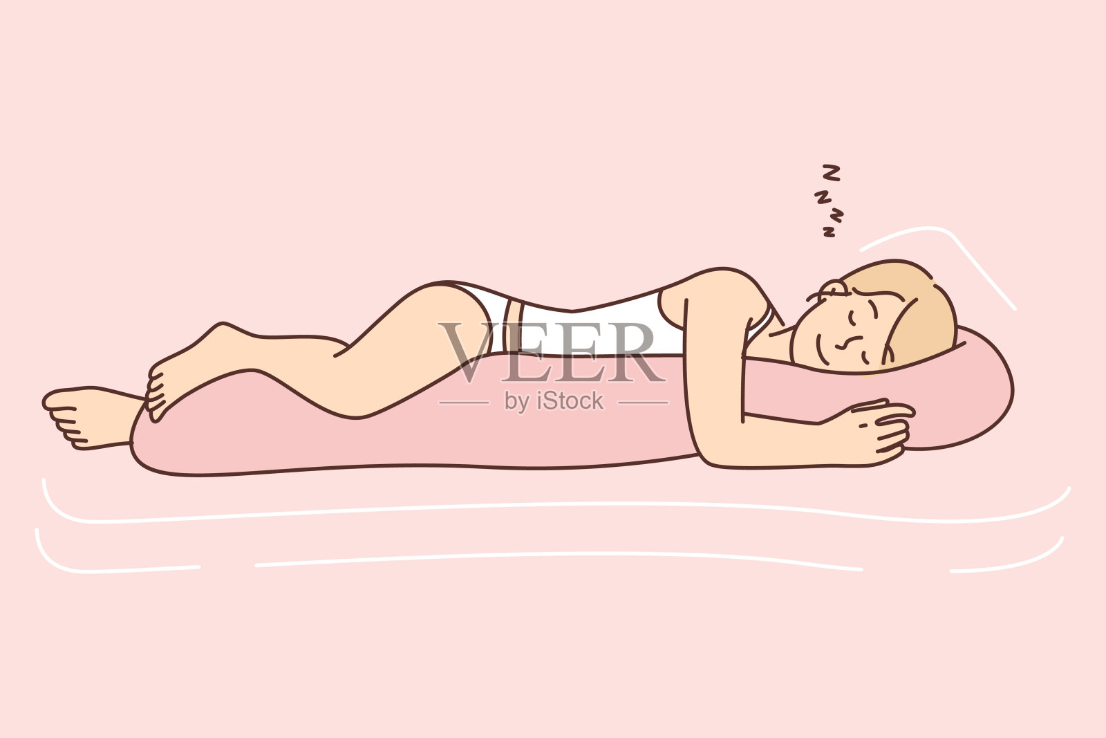 女人抱着枕头微笑入睡，享受一天辛苦后的休息，恢复体力插画图片素材