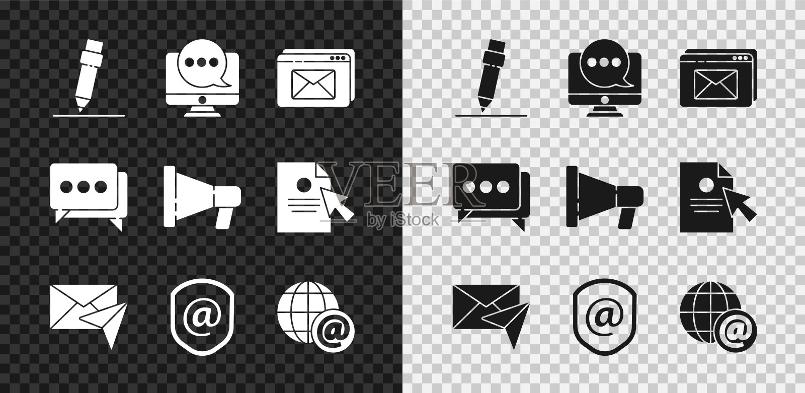 设置铅笔与橡皮擦，聊天消息通知显示器，网站和信封，信封，屏蔽邮件电子邮件，地球，语音气泡聊天和扩音器图标。向量图标素材