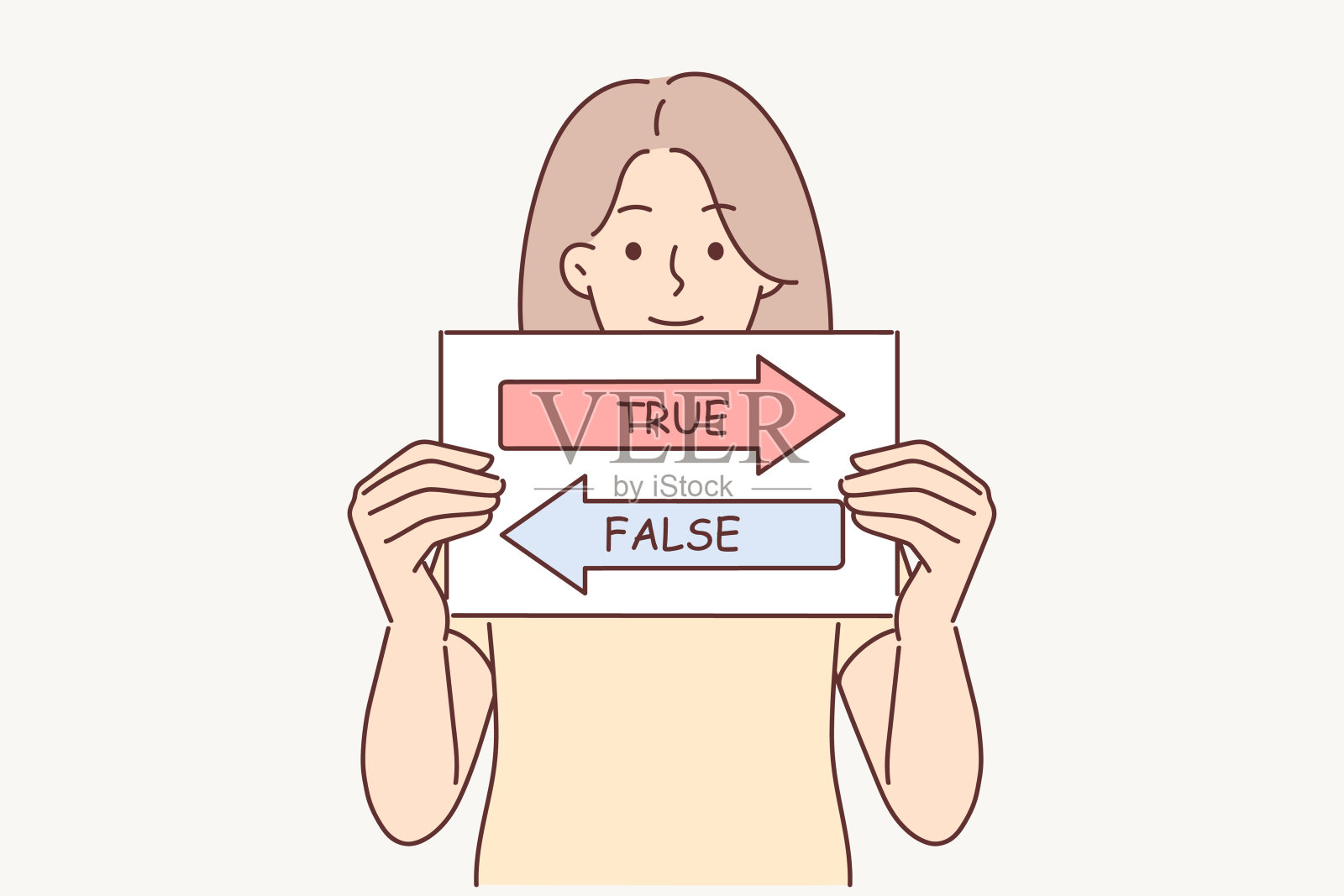 真与假的标志在手中，女人呼唤做出决定，从两个选项中做出正确的选择插画图片素材