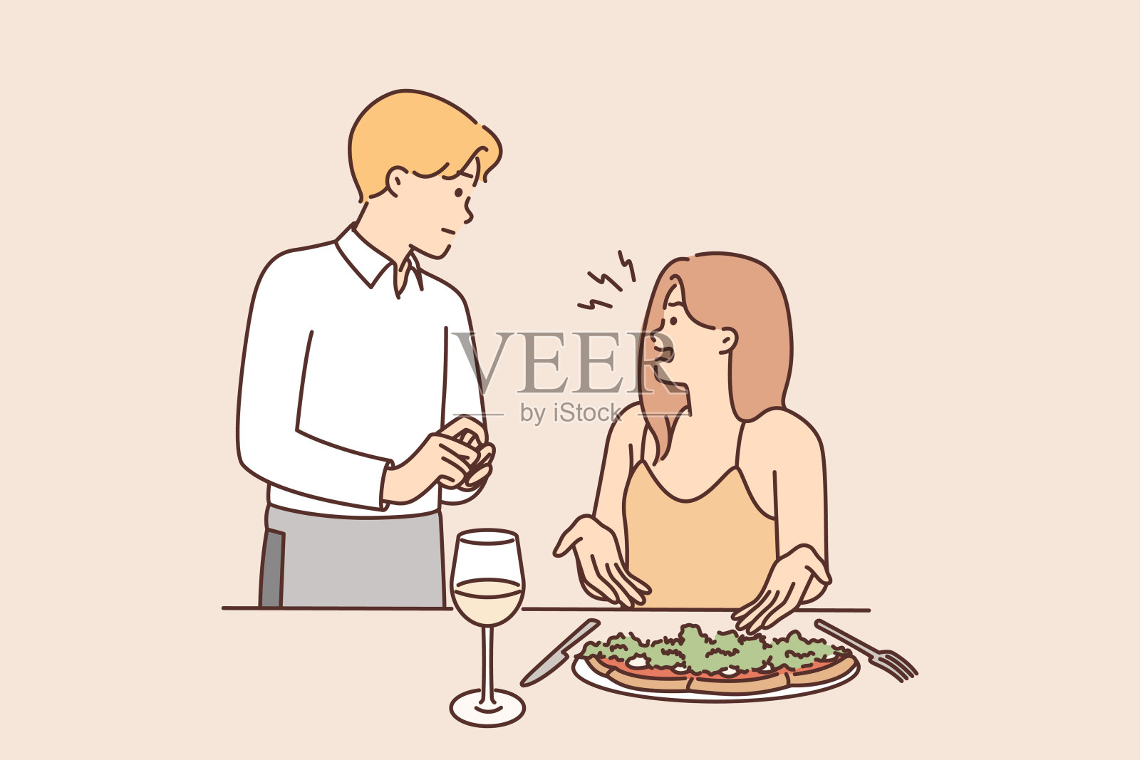 女客人向服务员抱怨饭菜的质量和上菜的味道插画图片素材