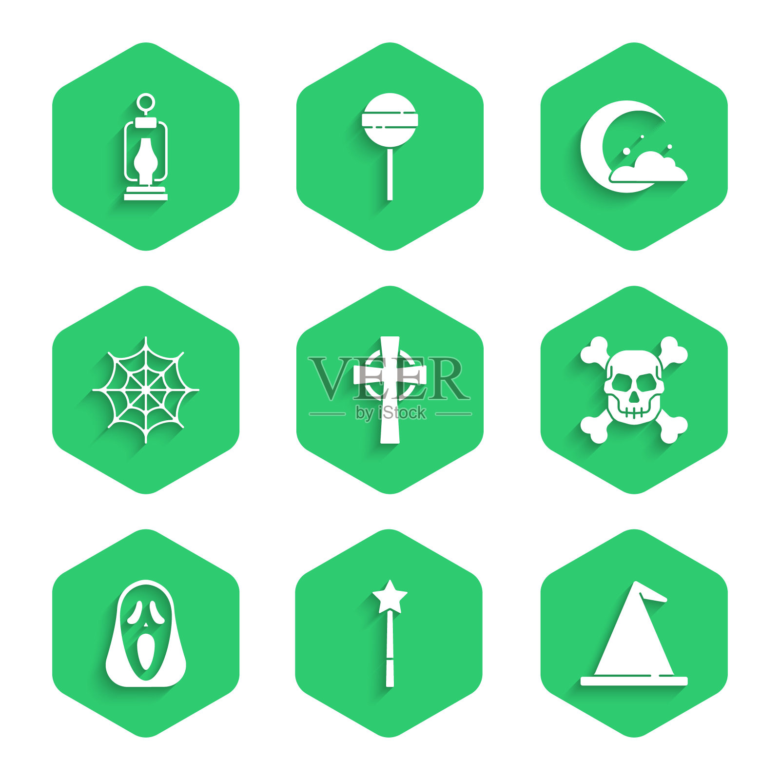 设置墓碑与十字架，魔杖，女巫帽，骷髅交叉，有趣的可怕的鬼面具，蜘蛛网，月亮星星和野营灯笼图标。向量图标素材