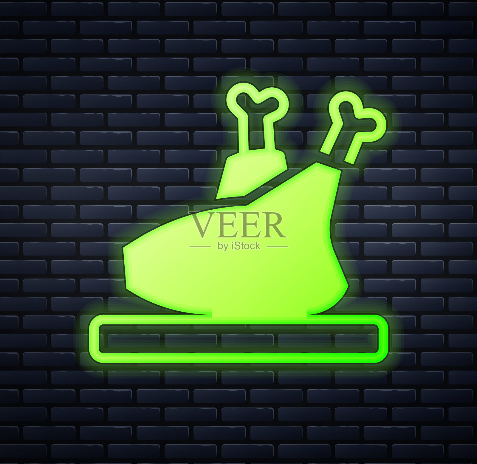 发光的霓虹灯烤火鸡或鸡图标孤立的砖墙背景。向量插画图片素材