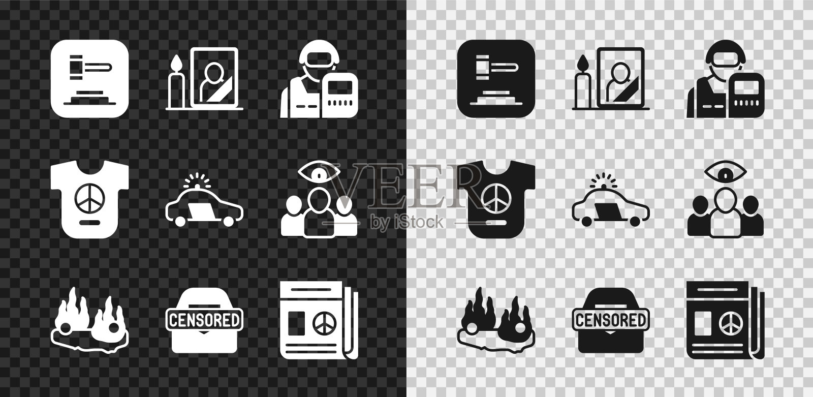设置法官木槌，哀悼相框，警察，燃烧的汽车，审查邮票，新闻，和平和闪光图标。向量图标素材