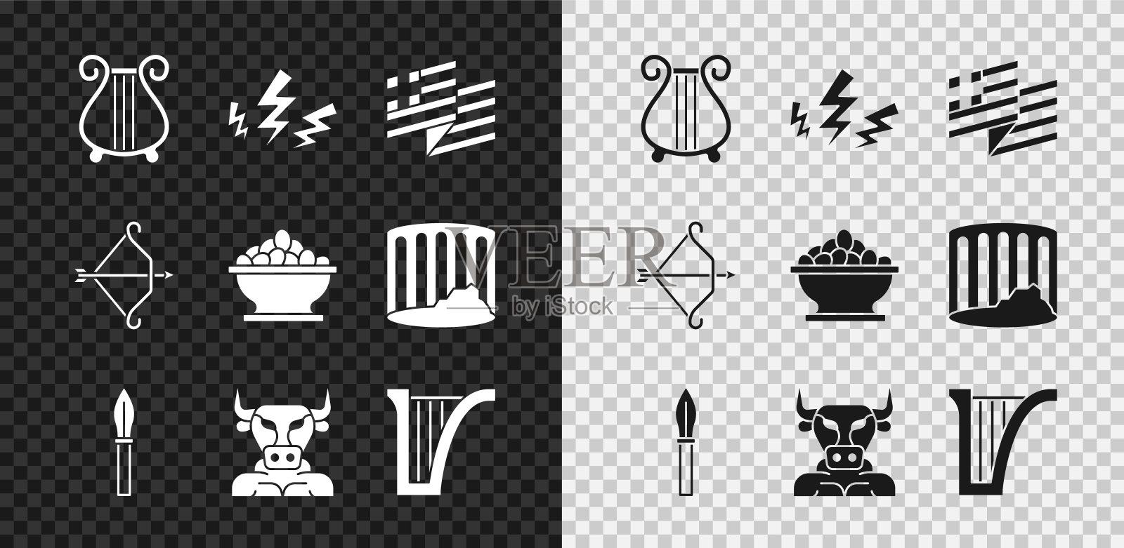 集古代里拉，宙斯，希腊国旗，中世纪的矛，牛头怪，竖琴，弓与箭和橄榄碗图标。向量图标素材